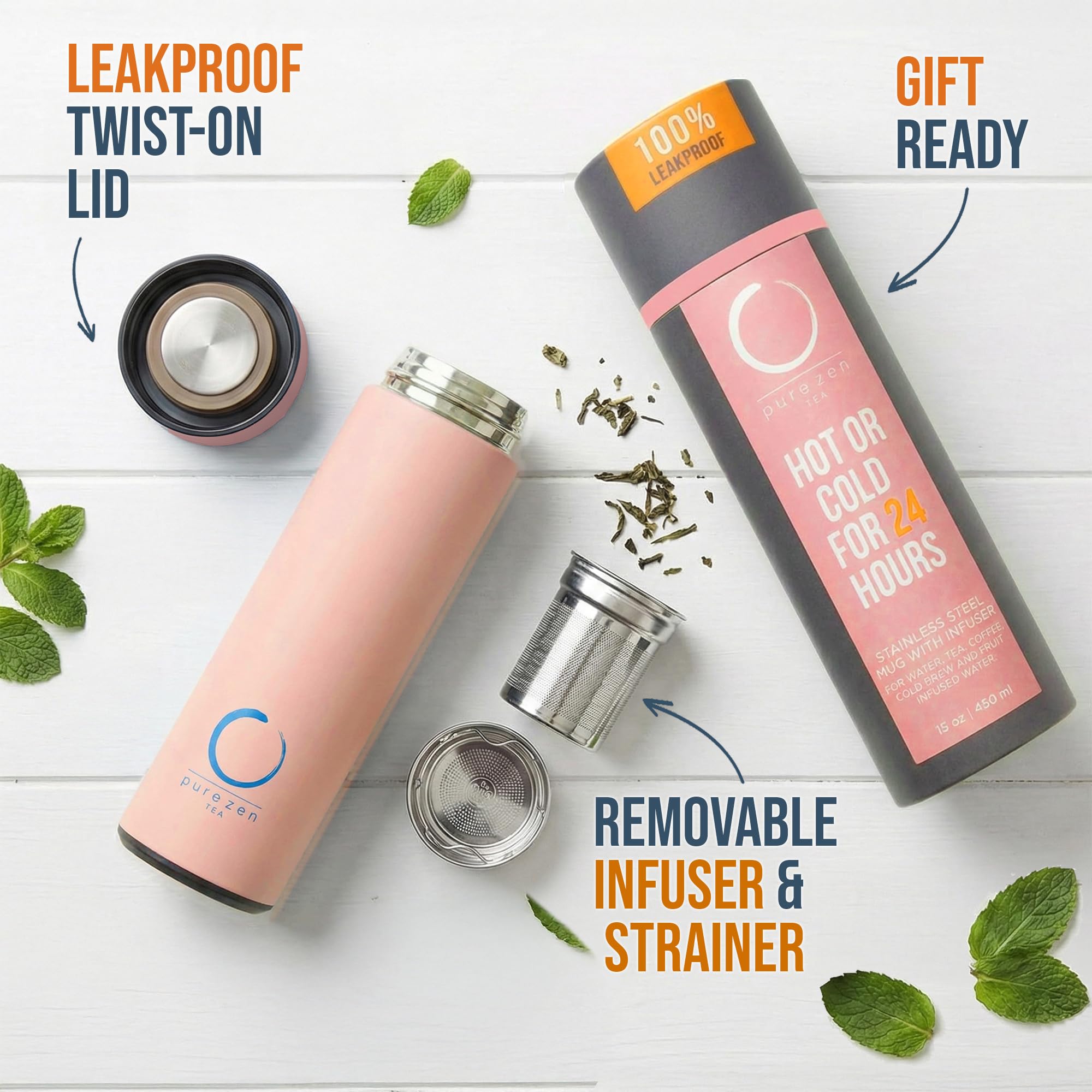 Pure Zen Tea Termos z zaparzaczem – izolowany kubek do herbaty ze stali nierdzewnej do herbaty liściastej, mrożonej kawy i wody z owocami – szczelny kubek do herbaty z zaparzaczem – 445 ml – różowy