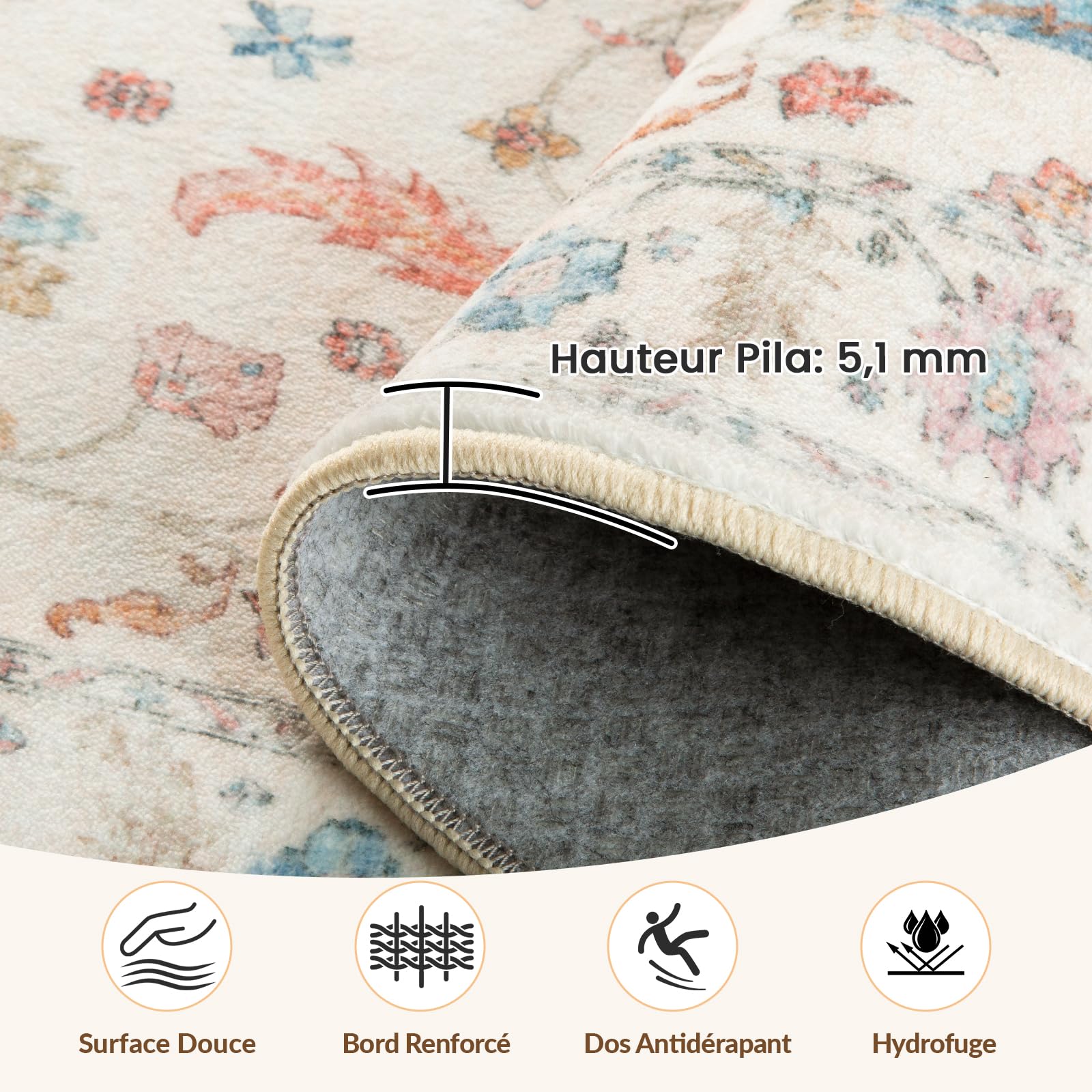 INOVADAY Tapis Lavable Antidérapant à Poils Courts Vintage Boho 140 x 200 cm pour Salon, Couloir, Chambre, Cuisine, Bureau, Salle à Manger et Entrée, Blanc crème