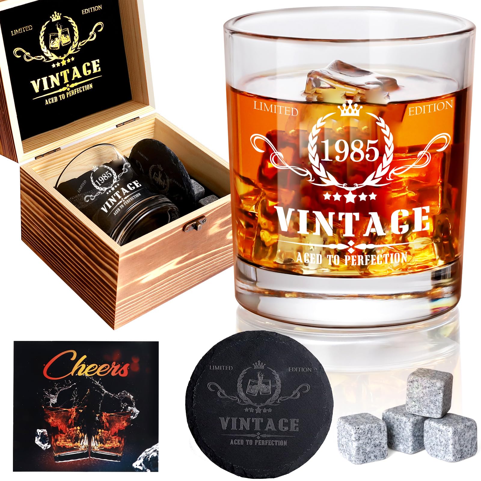 40th Birthday Gifts for Men, Vintage 1985 Whiskey Glass Set - 40th Birthday Decorations - 40 Years Anniversary, Bday Gifts Ideas for Him, Dad, Husband, Friends - Wood Box & Whiskey Stones & Coaster