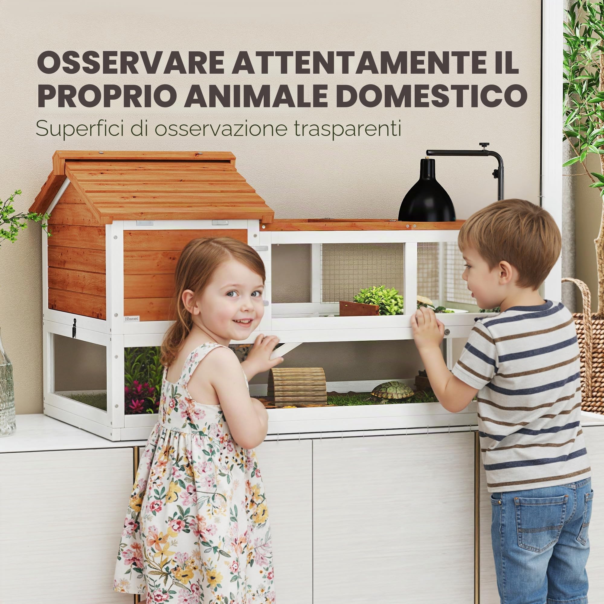 PawHut Recinto per tartarughe in legno con due case principali incernierate - Supporto lampada - Gabbia esterna per rettili - 116 x 70,5 x 69,5 cm, arancione