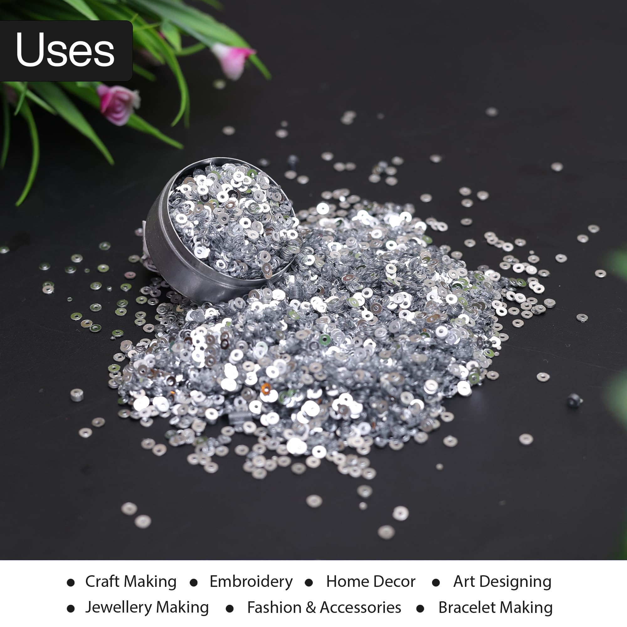 Embroiderymaterial 2.5MM Crystal Finish Sequins Sitara for Craft, Embroidery, and Jewellery Making (Silver, 50 Gram) 4