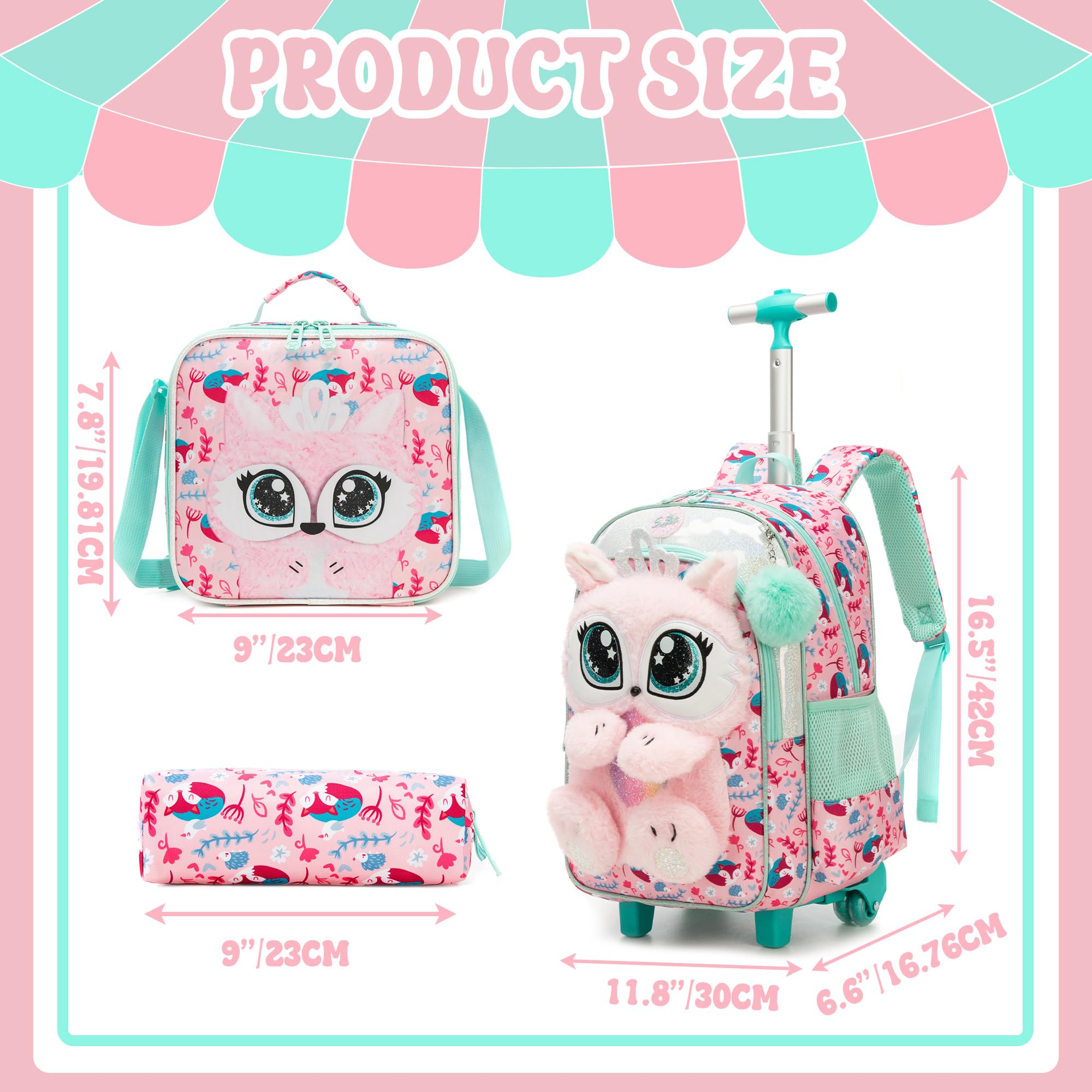 Meetbelify Niedlicher 3D-Plüsch-Rollrucksack für Mädchen, Rucksack mit Rädern für Grundschüler, Pink Fox