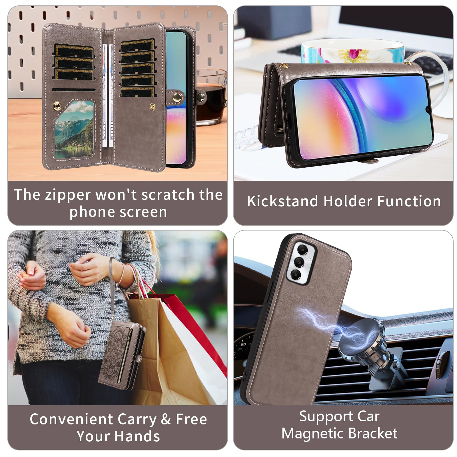 Asuwish Custodia per Samsung Galaxy A05s/A05, con pellicola protettiva, scomparto per carte di credito, pieghevole, in pelle, motivo floreale, con supporto, chiusura lampo, grigio