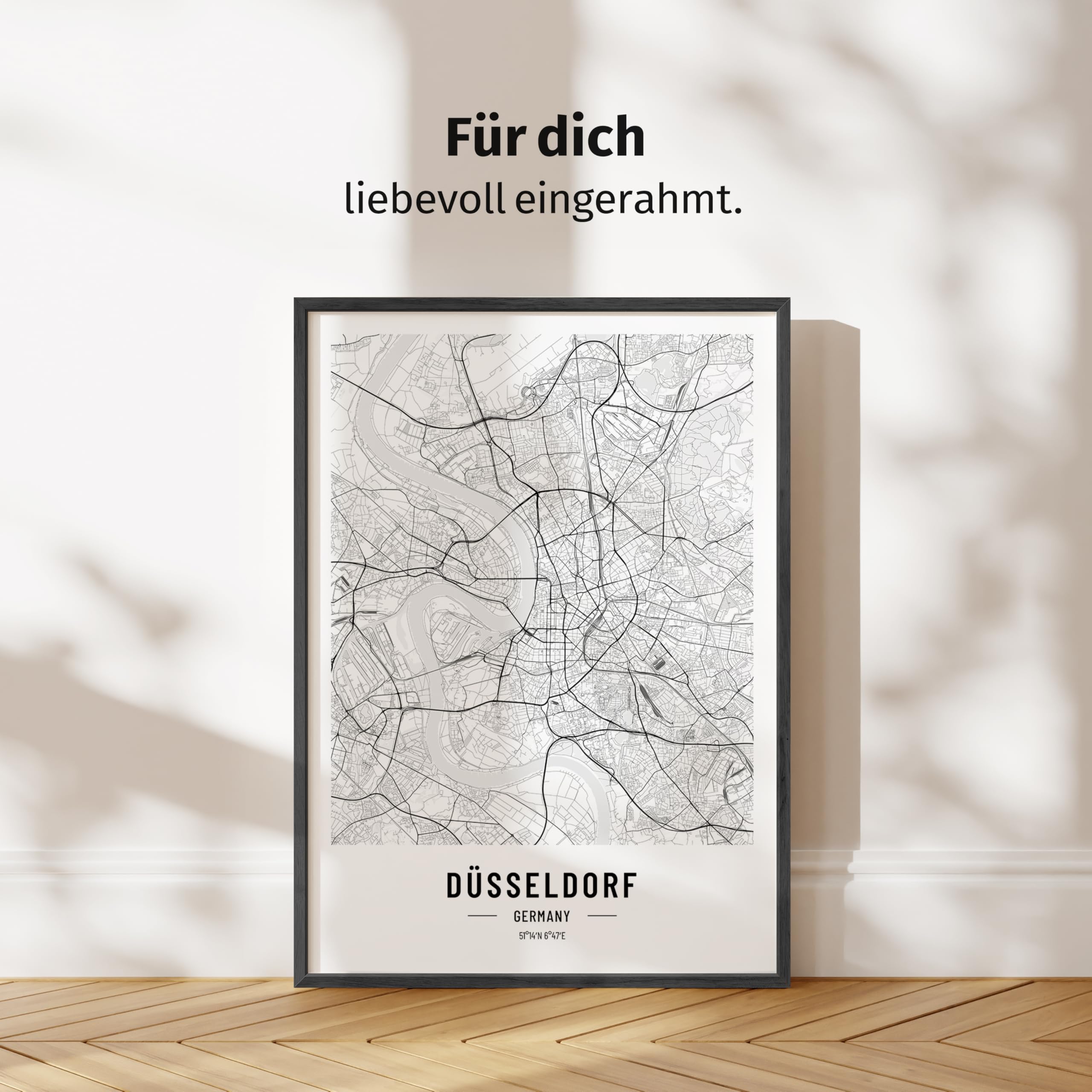 JUNOMI® Düsseldorf Poster DIN A2 mit Rahmen Schwarz, DIN A2 Wohnzimmer Deko, Modernes Wandbild, Düsseldorf Bild, Wandbild mit Rahmen, Stadtplan Poster Düsseldorf, perfekte Geschenkidee