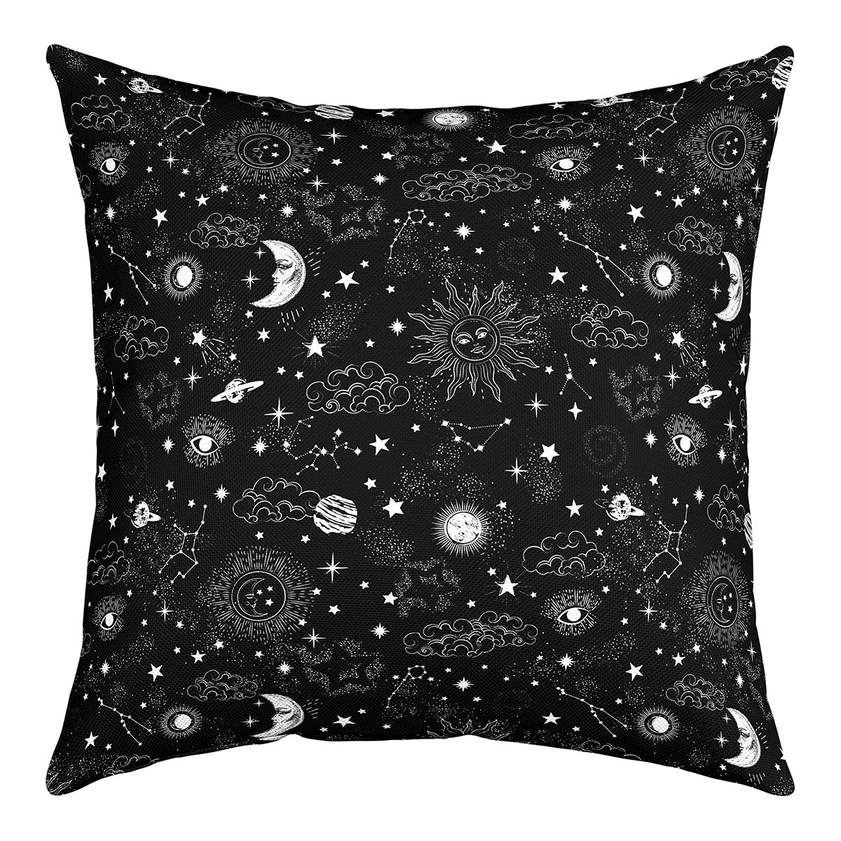 Richhome Multi 16 Sun And Moon Pillow Cover 16X16 Inch,Boho Hippie Galaxy Cushion Case For Bedroom Car Starry Universe Black White Square Pillow Case For Sofa Couch Double Sides Print