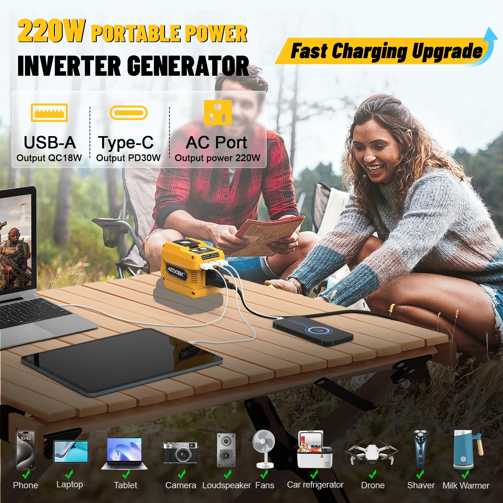 Onduleur de 220 W compatible avec batterie De-walt 20 V, DC 20 V vers AC 110 V Station d'alimentation portable avec 1 prise CA, 2 ports USB et 1 charge rapide de type C, lampe de travail 400 LED