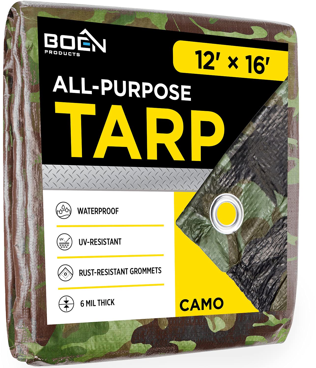 Multi-Purpose Large Tarp Waterproof Cover | Camo, 12' x 16' 6 Mil Thick | Rip Proof Tarps | Thick Weave Material, UV Resistant Great for Tarpaulin Canopy Tent, Boat, RV or Pool Cover