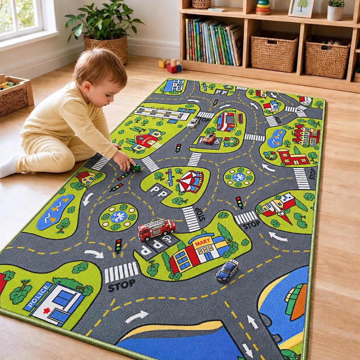 Large Kids Carpet Playmat Rug 52 x 32 with Non-Slip Backing, City Life Play Mat for Playing with Car Toy, Game Area for Baby Toddler Kid Child Educational Learn Road Traffic in Bedroom, Classroom