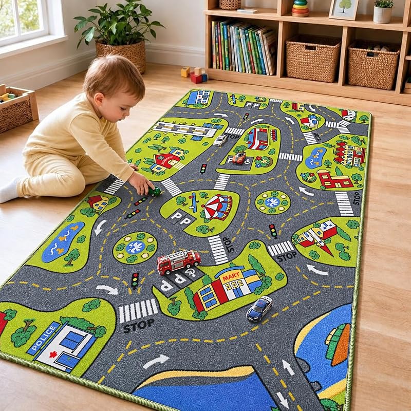 Large Kids Carpet Playmat Rug 32 x 52 Inch, Non-Slip Backing City Life Toy | Road Traffic Play Mat for Playing with Car Game Area, Kid Child Educational Learn Traffic Bedroom Classroom Living Room
