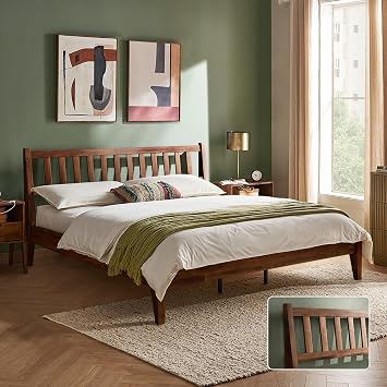 mopio Ted Bed Frame with Headboard, Mid Century Modern Acacia Solid Wood Platform Bed Frame, Wooden Slats, No Box Spring, Double Metal Bar Support Solid Wood, King U.S. Standard