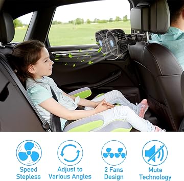 QIFUN 12V Car Fan, Portable Car Fan Cool Gadgets for Rear Seat Passenger, 4'' Headrest 360 Rotatable Backseat Car Cooling with Stepless Speed Regulation for Vehicles, SUV, RV, Boat