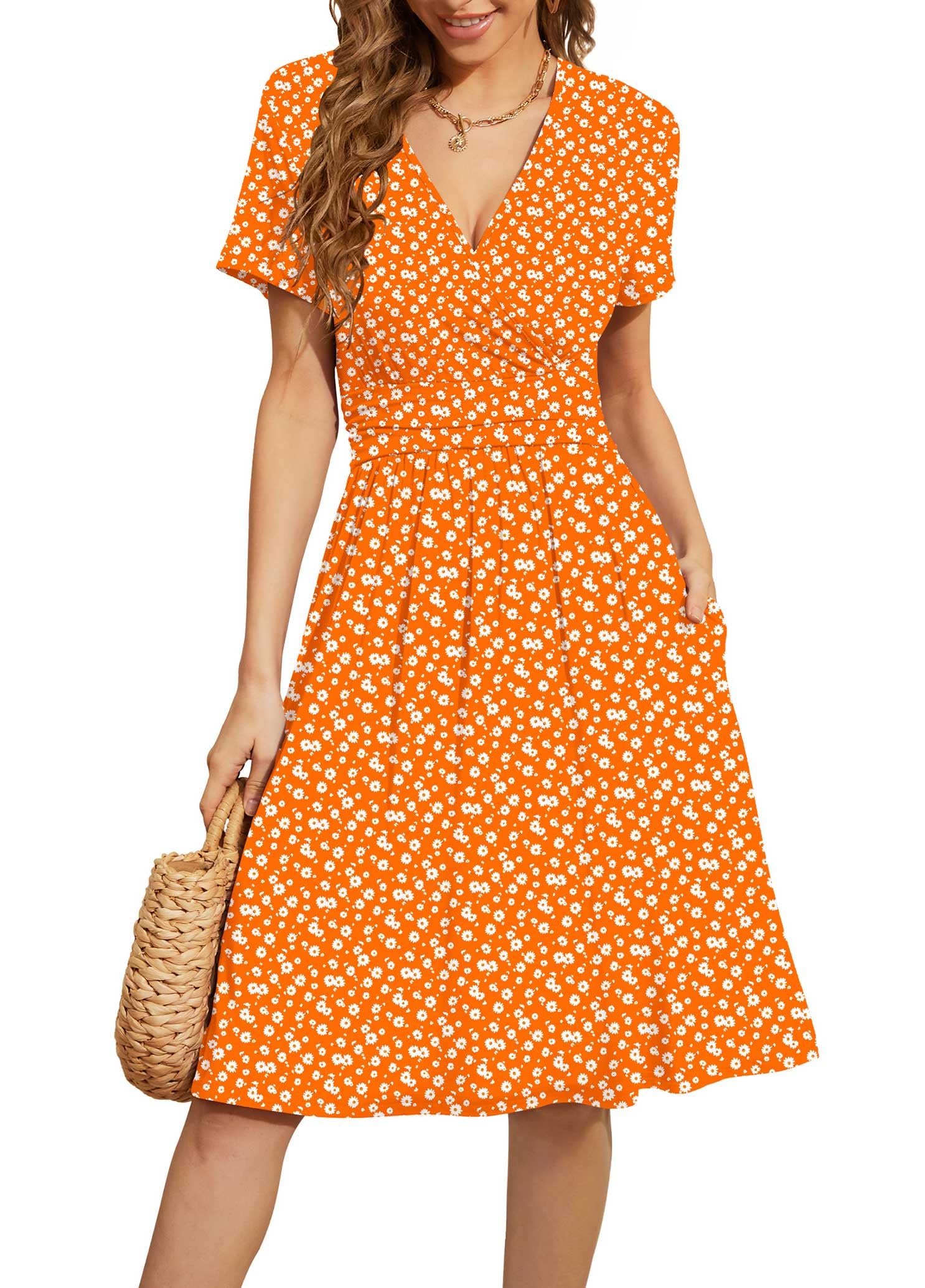 WEACZZY Women's Summer Short Sleeve Casual Dresses V-Neck Floral Party Dress with Pockets