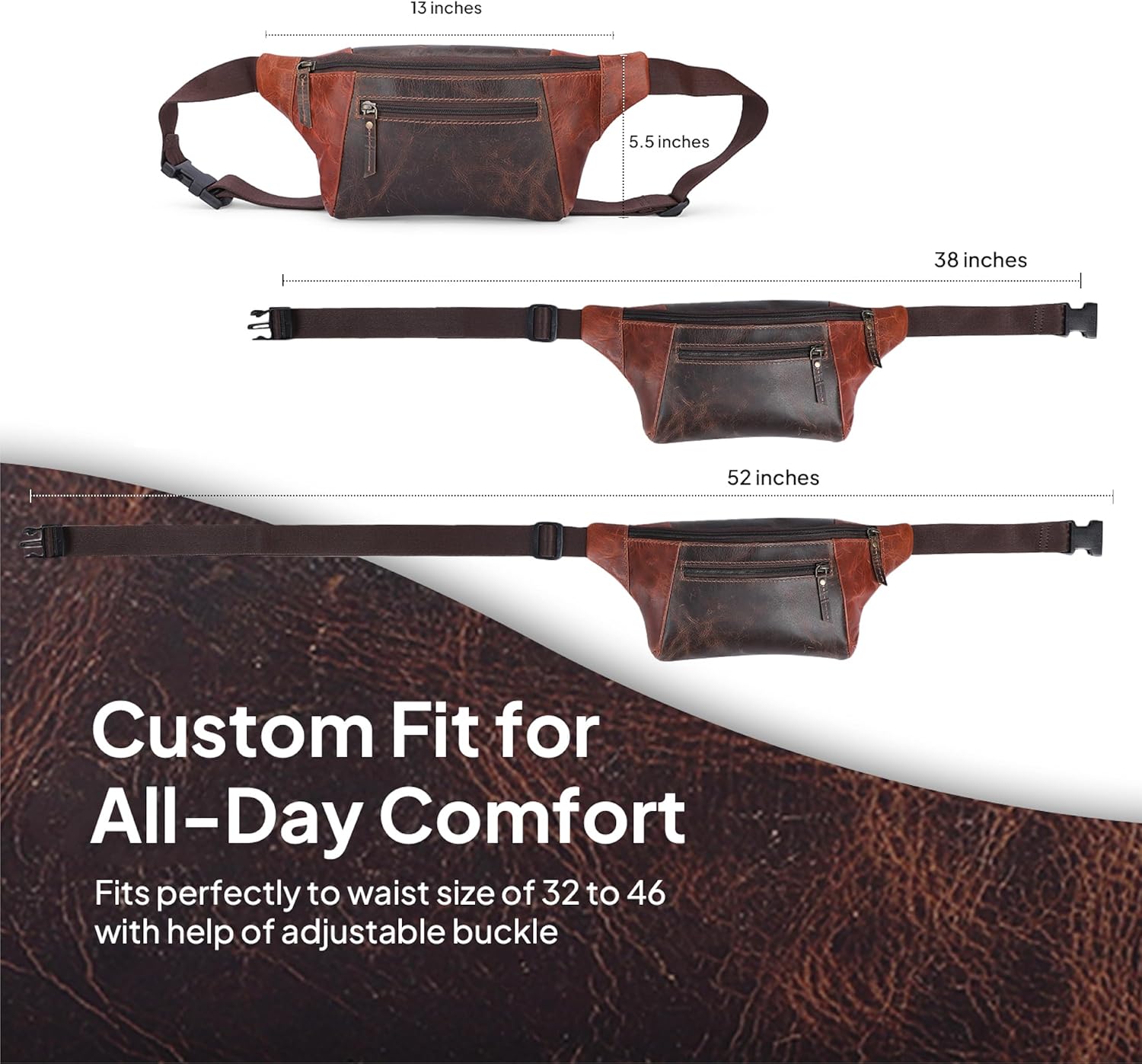 Leather Fanny Pack Crossbody Bag (10x6x2) Hands-Free Sling Bags With Adjustable Straps - Image 2