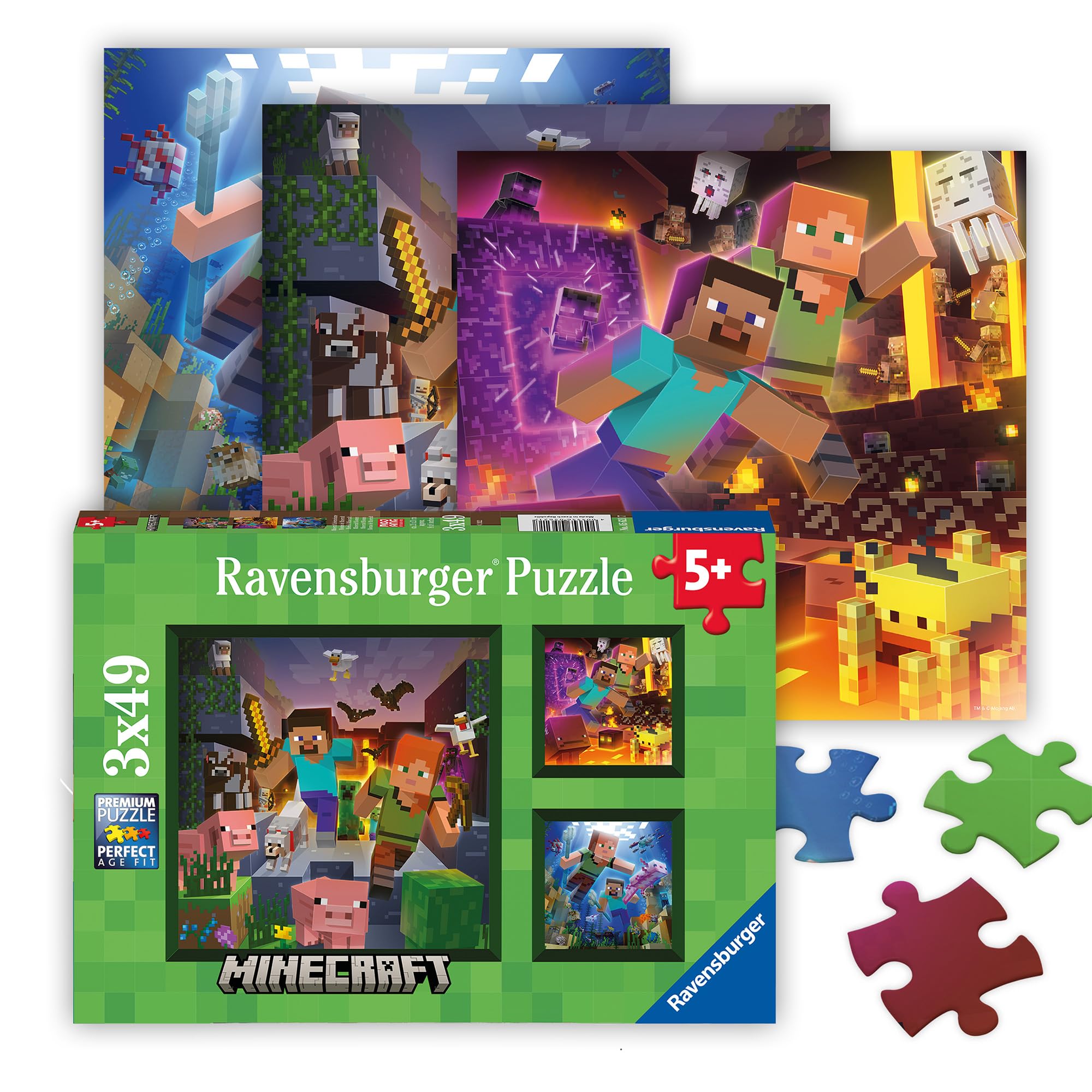 Ravensburger, Minecraft 05621 7 3 x 49 Pieces Children's Jigsaw Puzzle Recommended Age 5+, Multicoloured,