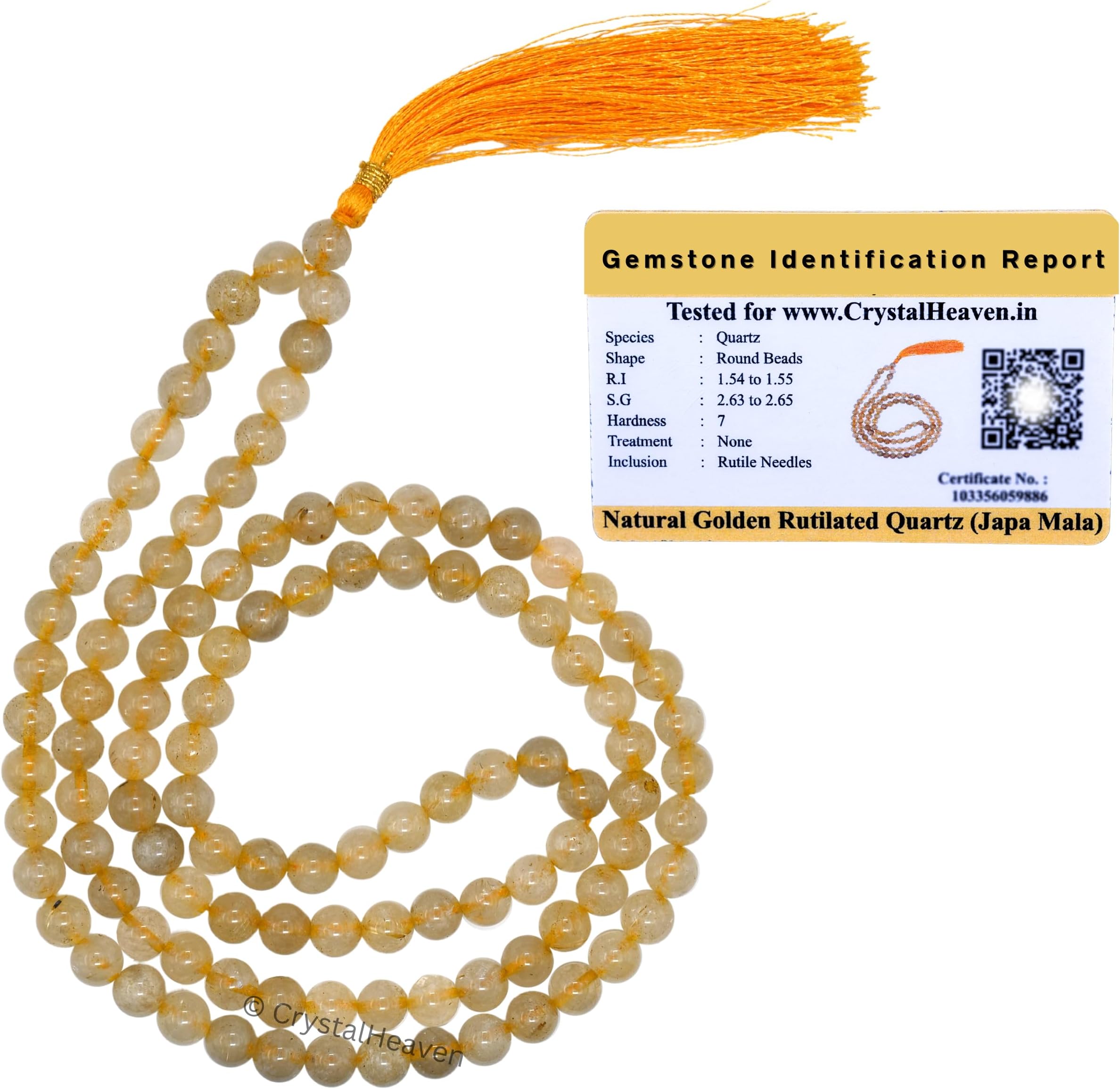 Certified Golden Rutilated Quartz Crystal Japa Mala Saadi - 108 Beads Buddhist Prayer Beads - AAA Grade Original Healing Gemstone Agate Mala for Yoga Meditation Spiritual Reiki Feng Shui