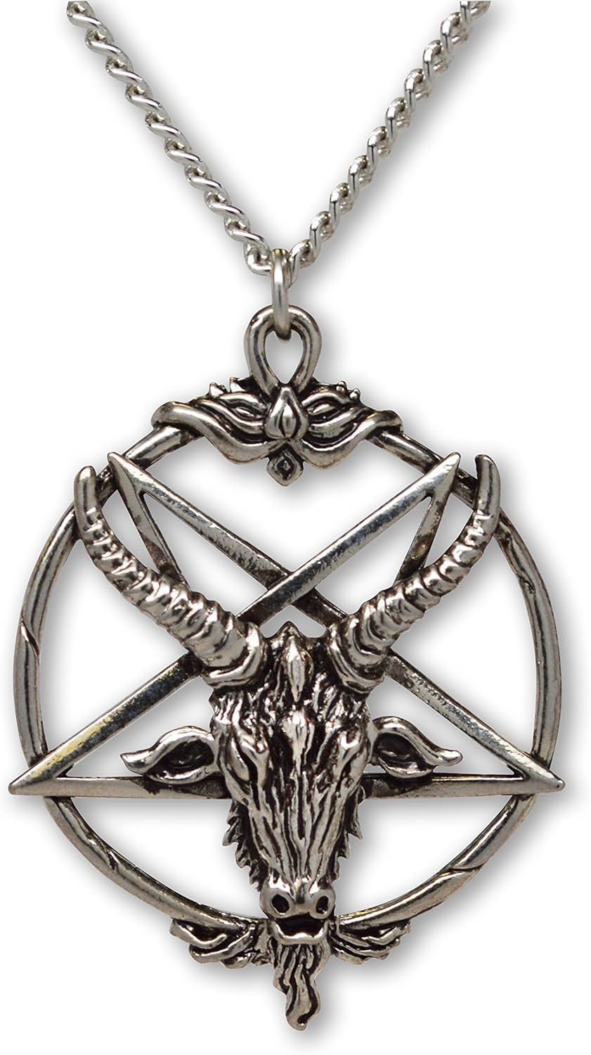 Real Metal Baphomet Inverted Pentacle Silver Finish Pewter Goat Head Pendant Necklace