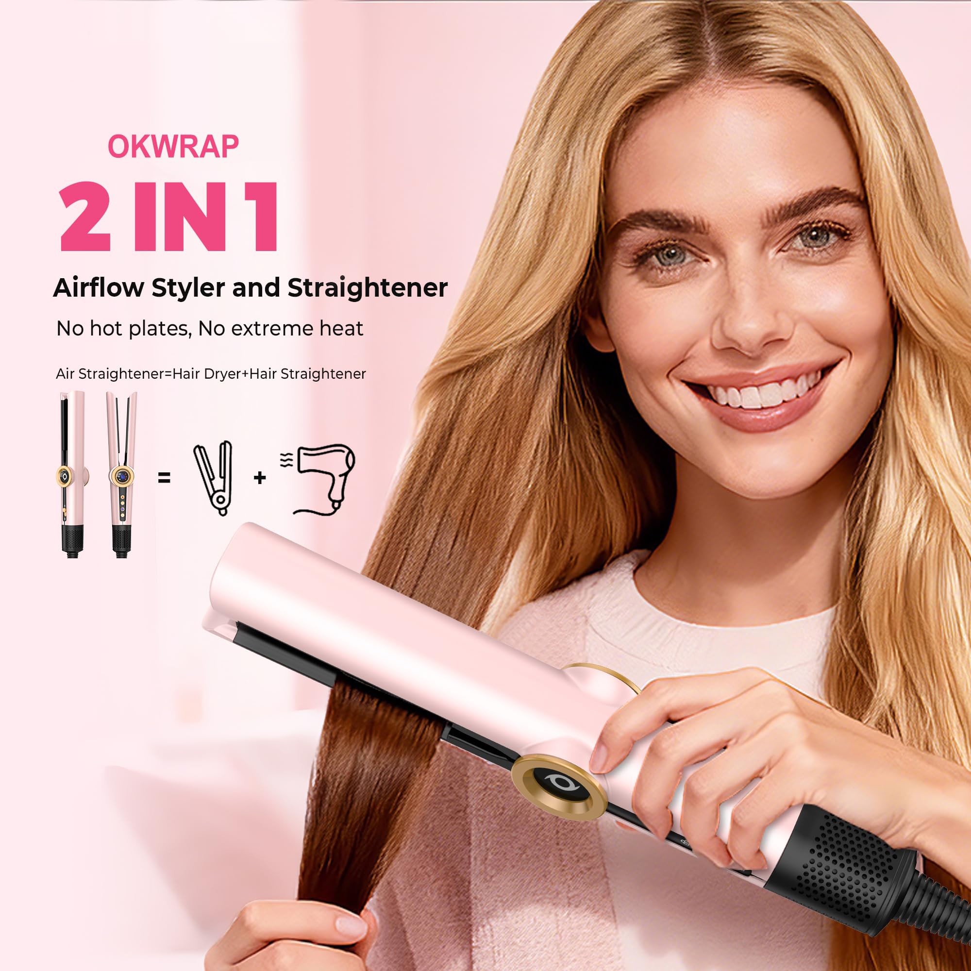 OKWRAP Hair Straightener 2 en 1 Seche Cheveux Lisseur，Lisseur Sechant Ionique Lisseur Cheveux Fer a Lisser Lisseur Portable Sans Dommage Thermique, Obtenez Facilement des Cheveux Lisses et Soyeux