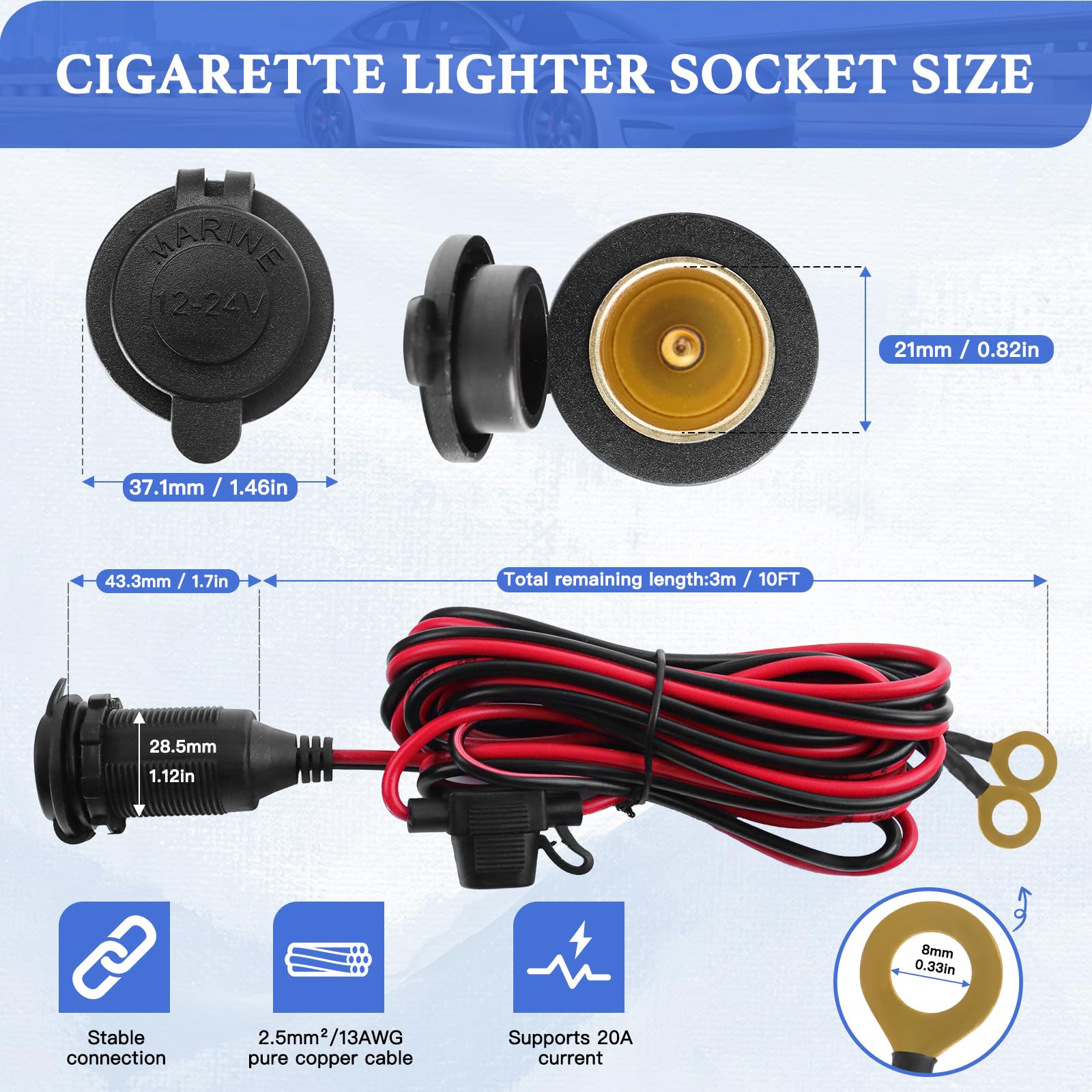 10FT Cigarette Lighter Socket - 12V Power Outlet with Fuse -2