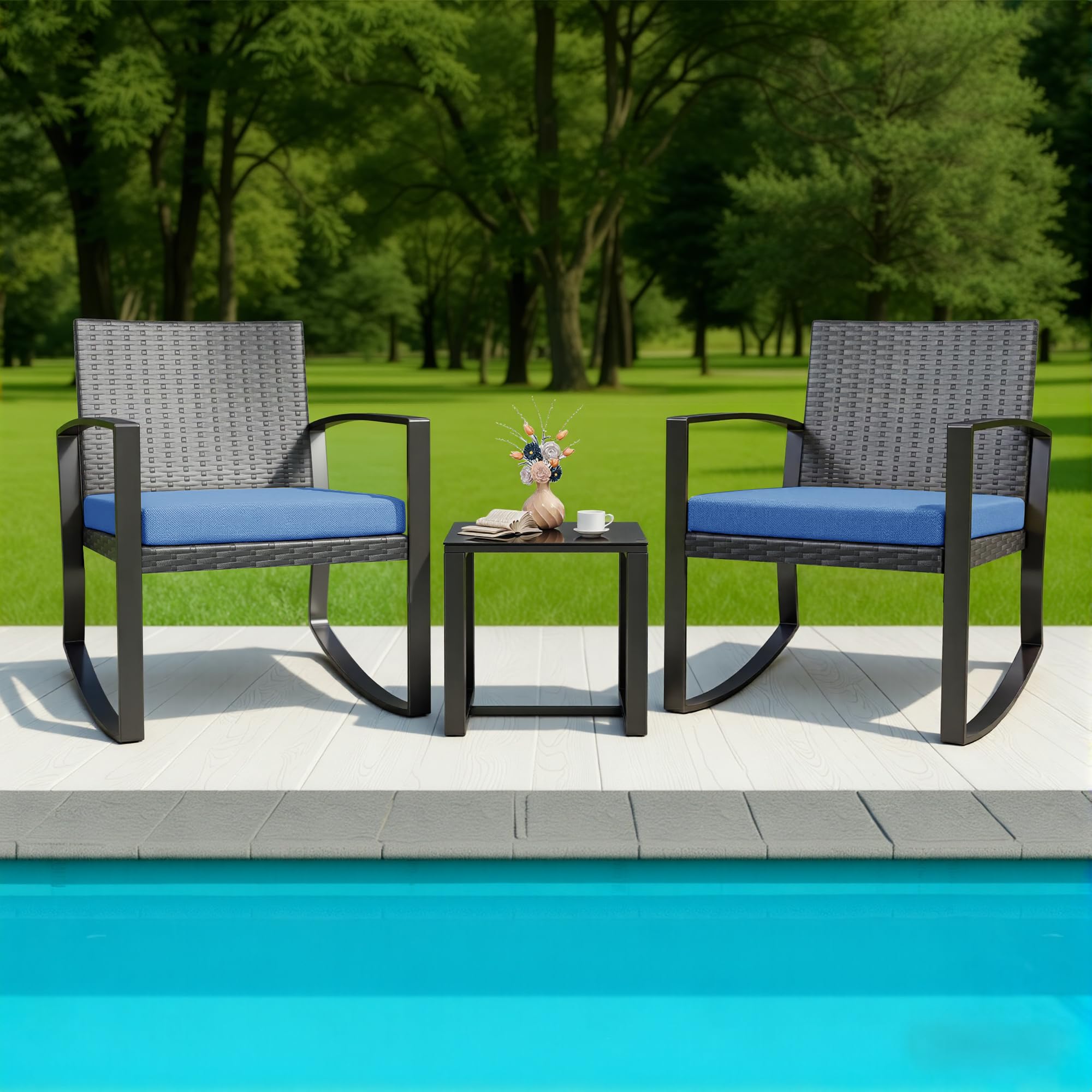 Set di Mobili da Balcone,Set Tavolino e Sedie da Giardino,Set di Mobili da Giardino in Rattan,2 Sedie da Esterno e 1 Tavolino,per Giardino Cortile Piscina (Blu)