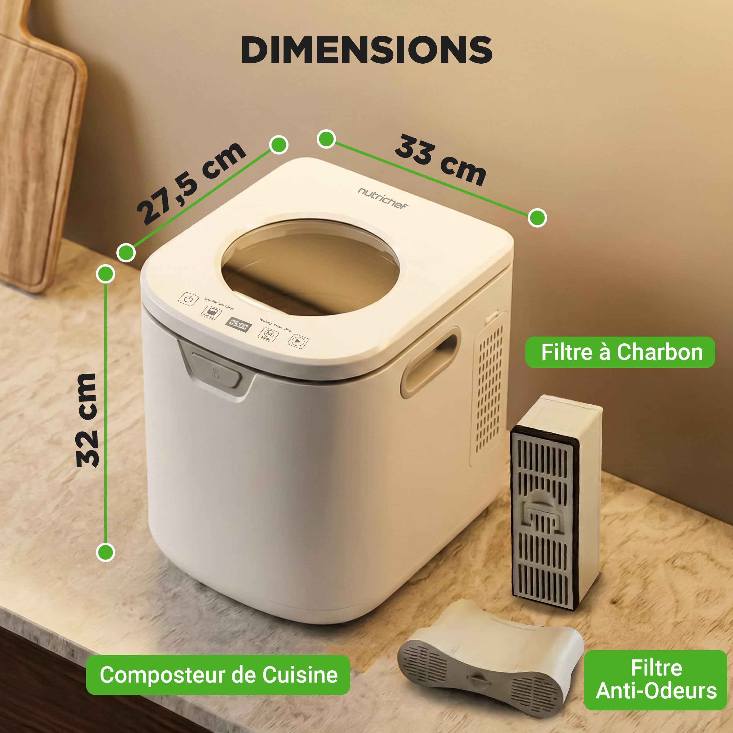NutriChef composteur électrique de Cuisine 3,8 L – Composteur Intelligent de comptoir avec 2 filtres à Charbon Anti-odeurs, 3 Modes automatiques, Usage intérieur, Blanc