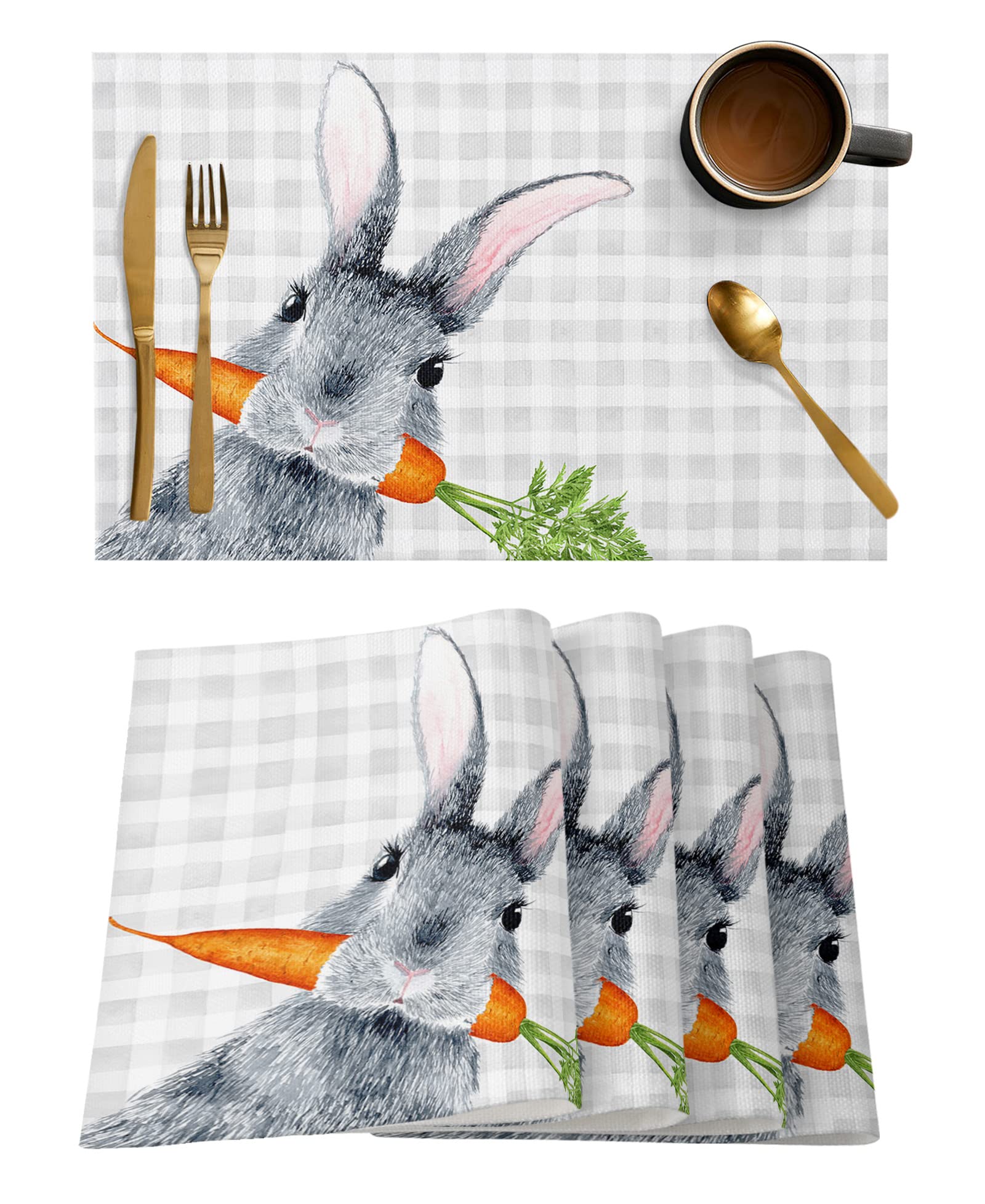 Easter Placemats Bunny Rabbit Carrot Place Mats for Dining Room Dinner Table Gray Buffalo Plaid Washable Table Mats Spring Easter Day Kitchen Decorations Set of 4