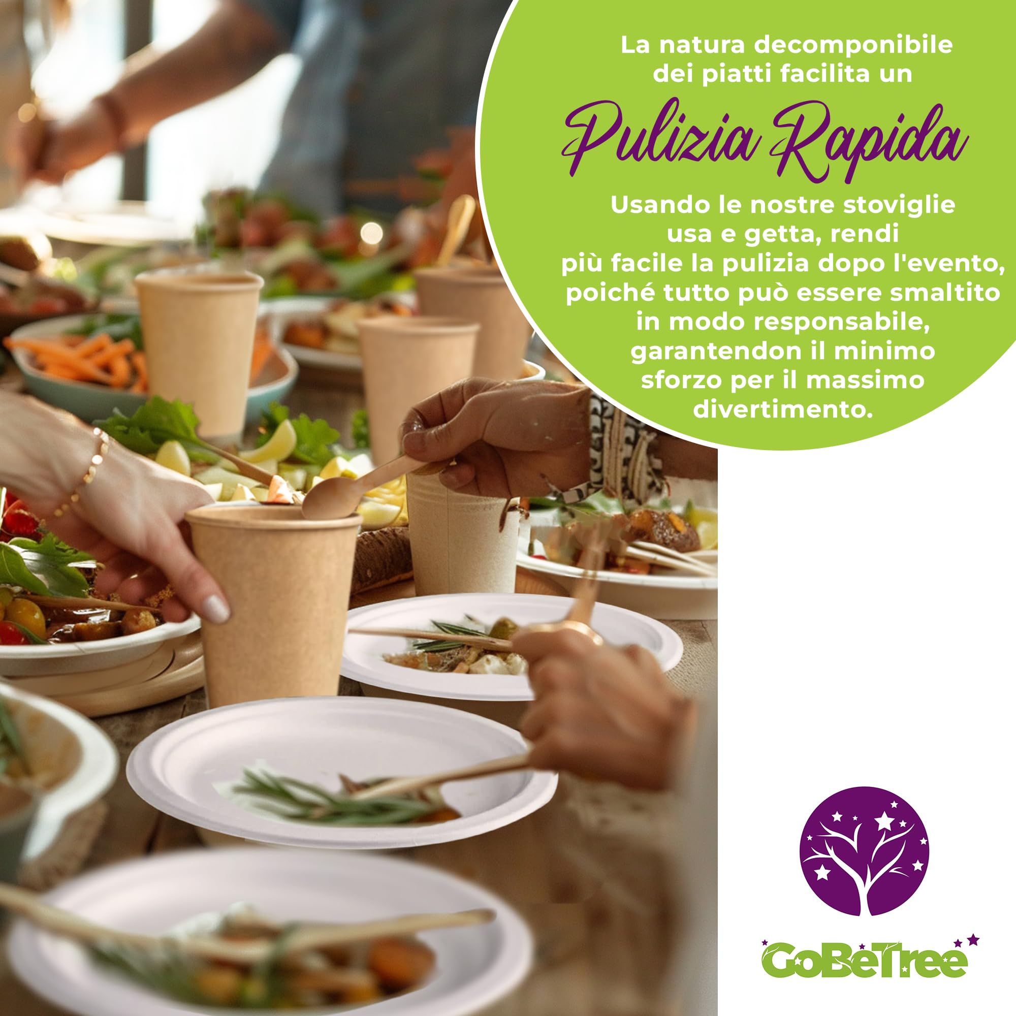 GoBeTree Stoviglie usa e getta di 200 pezzi per 25 persone. Stoviglie ecologiche fatte di canna da zucchero. Include 50 piatti, 75 posate di legno, 25 bicchieri di carta kraft e 50 tovaglioli.