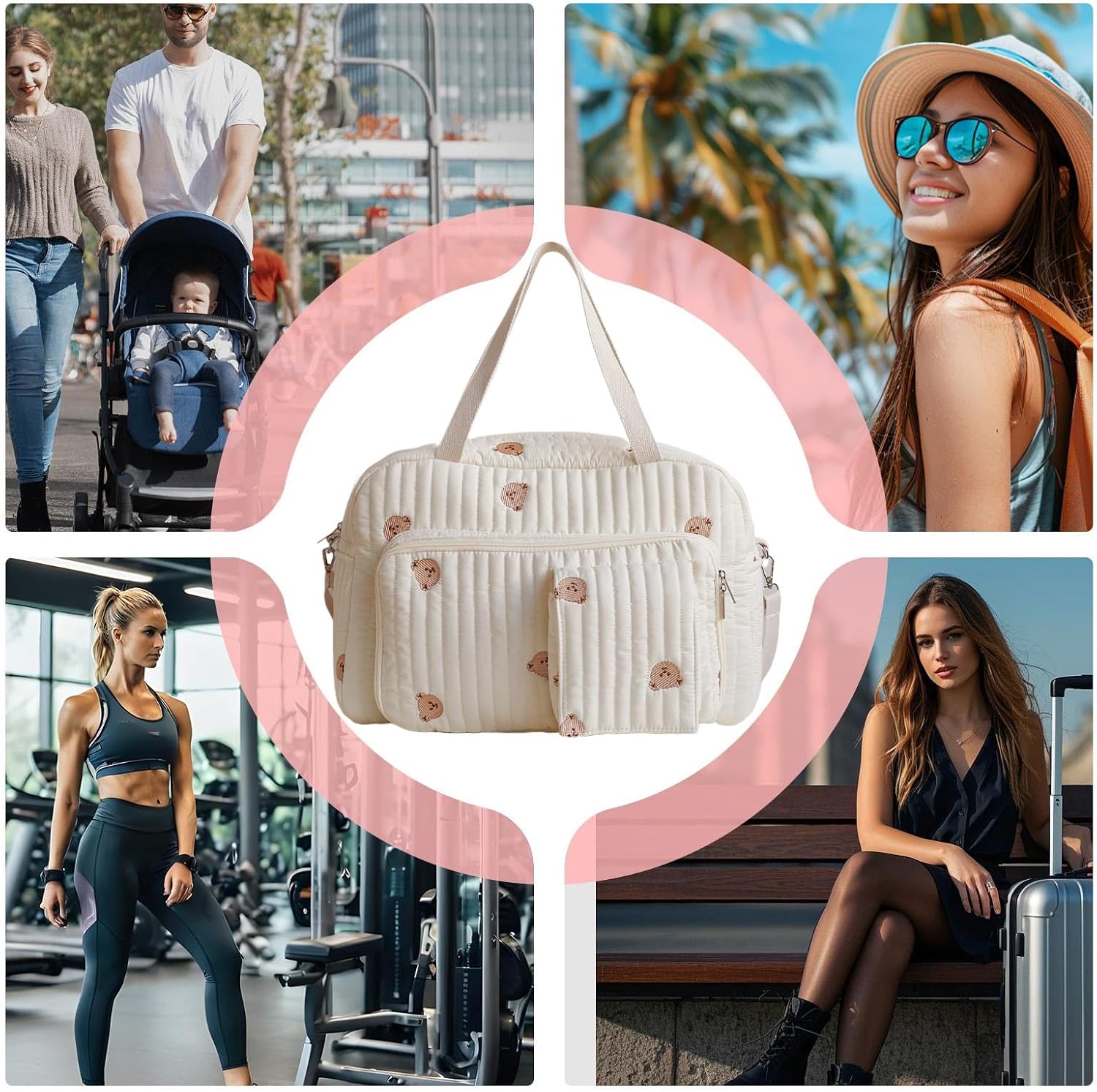 Bear-Themed Travel Bag - 42x16x28cm Large Capacity Maternity Diaper Bags | Stylish Bear Pattern Hand-Carry Crosšbody Bag | Fast Acting Quick-Access Wipes Pocket for Hospital Visits and Weekend Trips