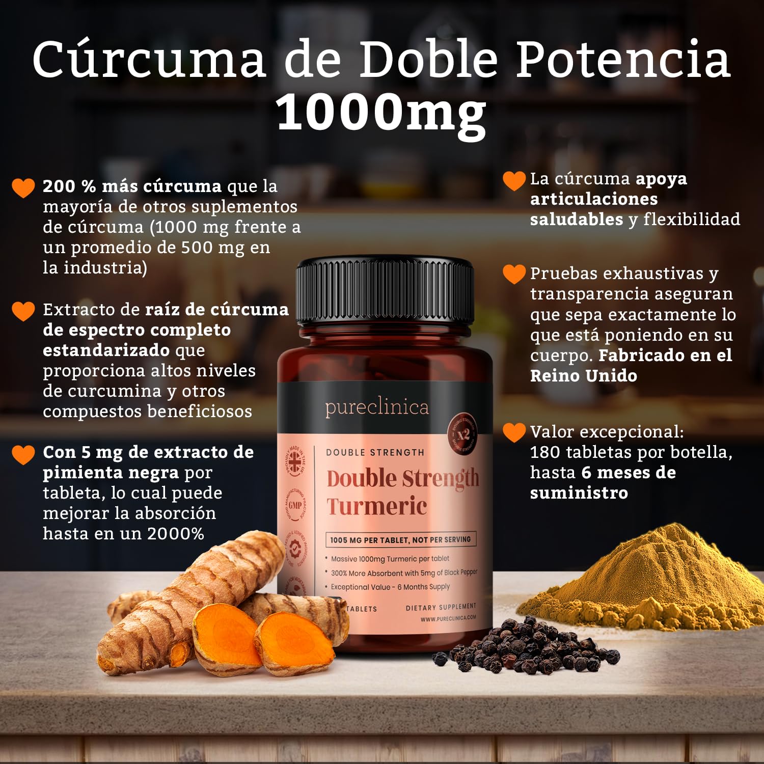 Cúrcuma de Potencia Doble - Increíbles 1000mg x 180 comprimidos - Y 5mg de extracto de pimienta negra