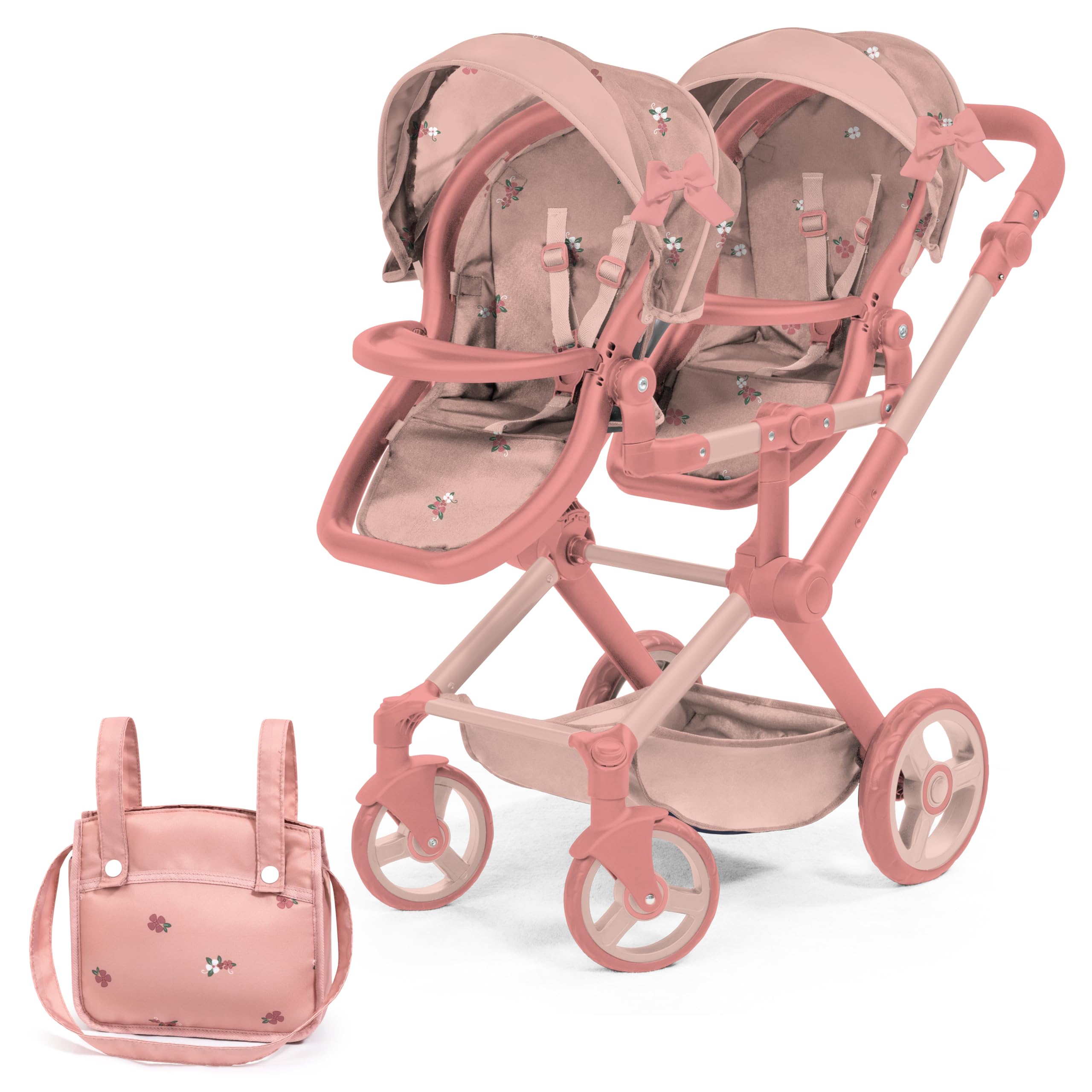 Bayer Design 26726AA Twin dolls pram, carriage, double stroller, adjustable and reversible handle, swivel front wheels, seats variable fixable, bag - 3+ ages