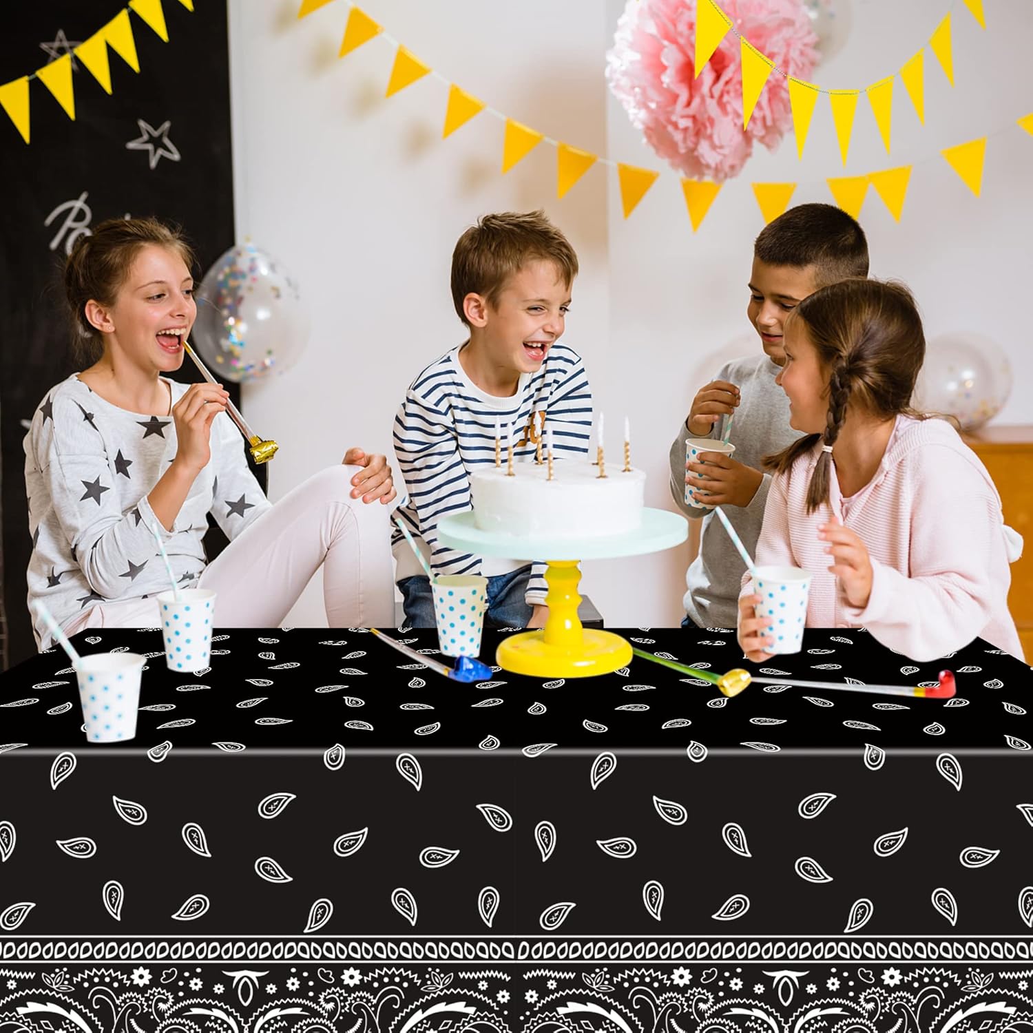 K1tpde 3PCS Bandana Party Tablecloths, Cholo Gangsta Theme Table Covers,Bandana Plastic Waterproof Tablecloth, Western Party Decorations Supplies for Adult, Black