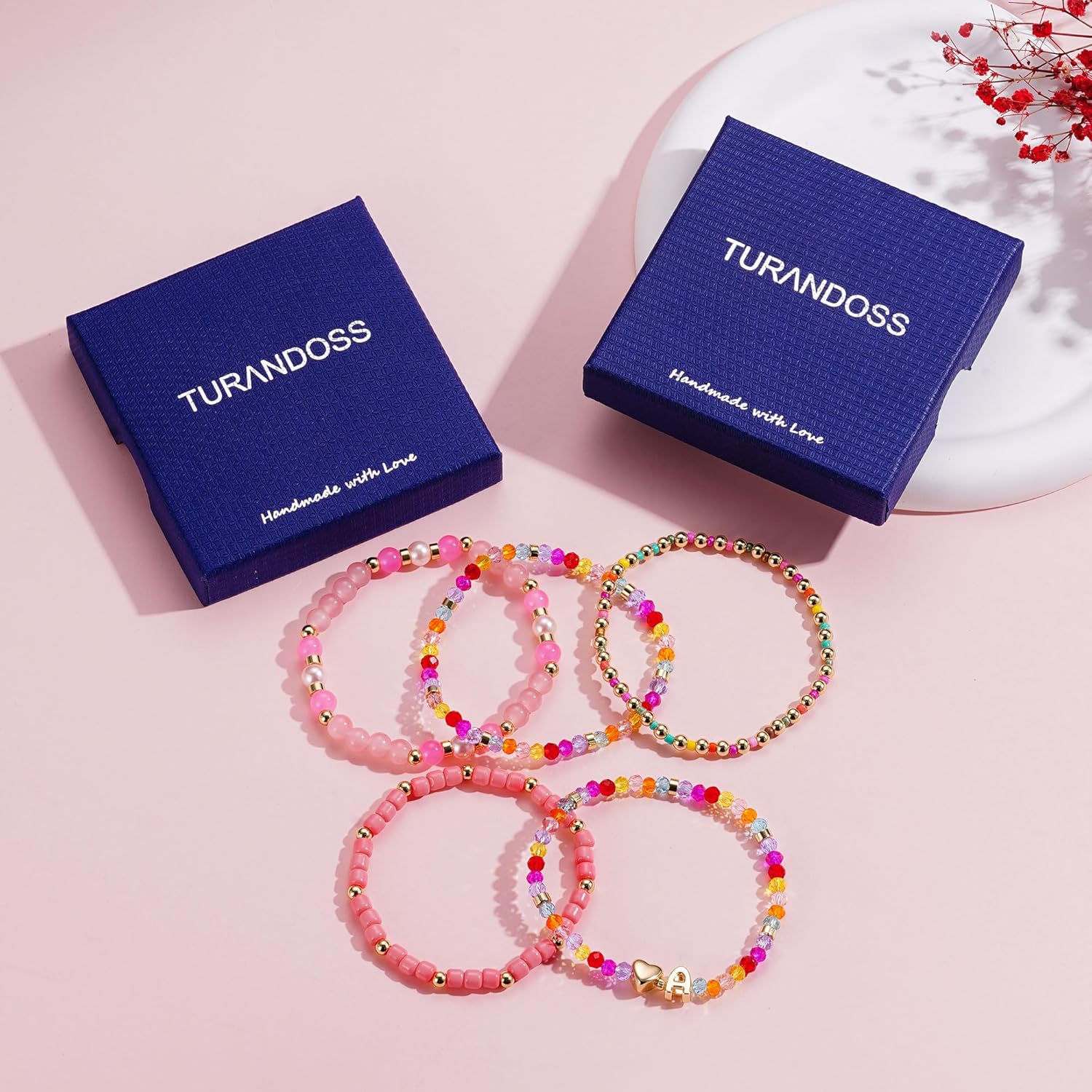 Turandoss 5PCS Initial Heart Bracelets for Teen Girls Kids - 14K Gold Plated Dainty Beaded Bracelet Set Stack, Stretch Colorful Letter Charm Bracelets Beads Ball for Daughter Her Jewelry Gifts - Image 7