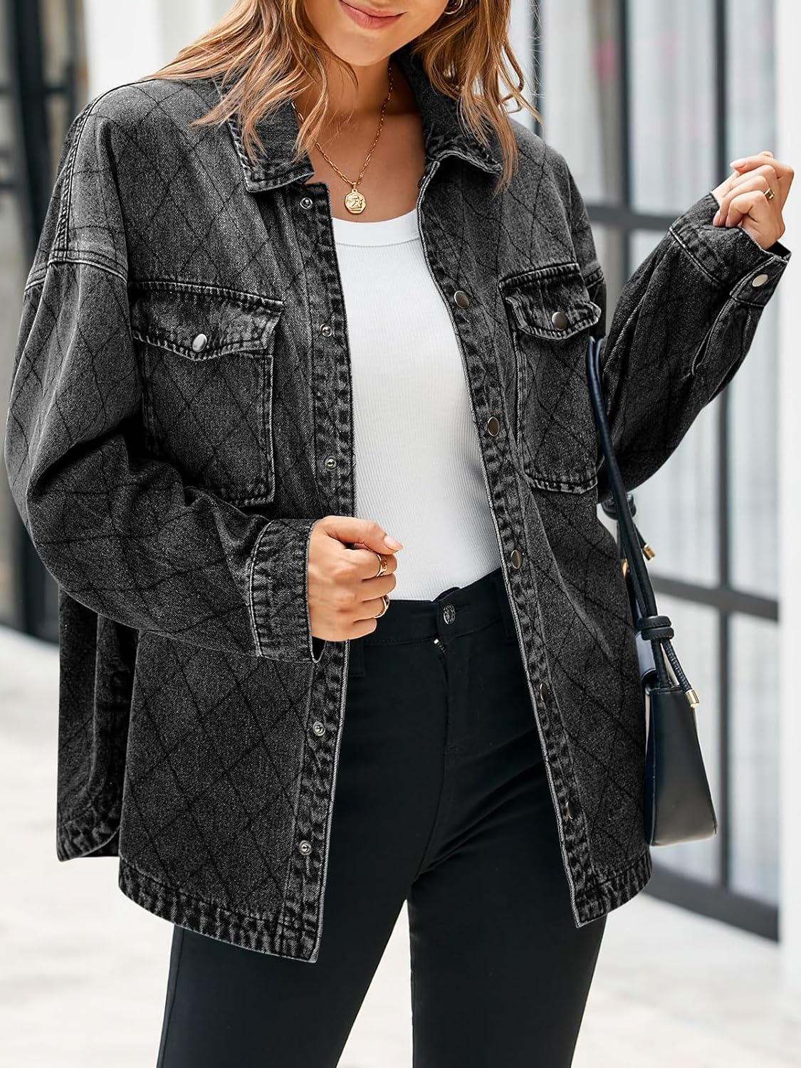 Tankaneo Womens Oversized Denim Jackets Trendy Diamond Quilted Button Down Jean Shackets Casual Lightweight Jackets - Image 3