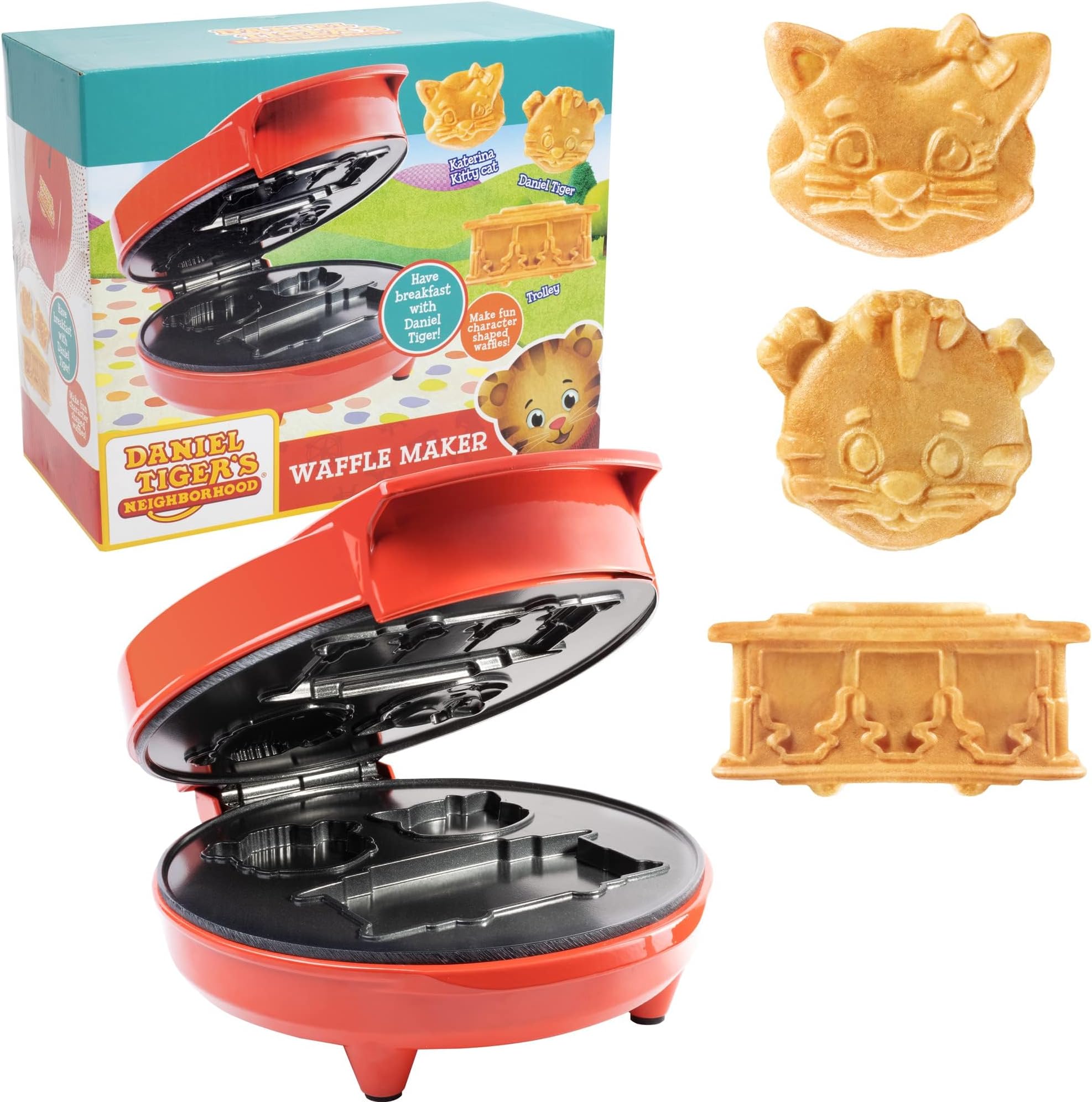 Daniel Tiger Waffle Maker Iron - Electric Nonstick Waffler Featuring 3D Character Shaped Waffles or Pancakes of Daniel Tiger, Caterina Kitty Cat & the Trolley - Make Breakfast Fun for Kids and Adults