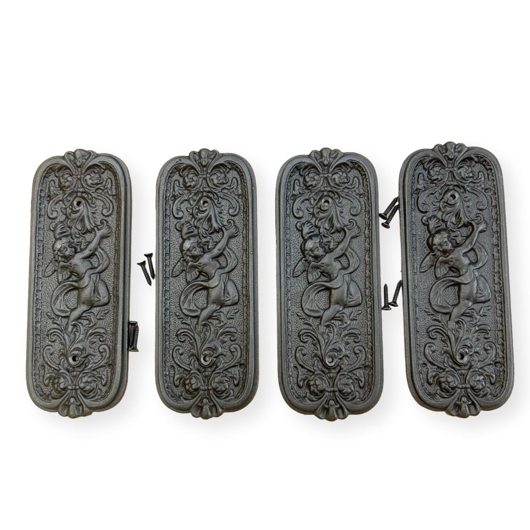Thorness Dark Grey Set Of Four Antique Style Rustic Cast Iron Door Push Plates With Ornate Cherub Design - Vintage Finger Plate Decor