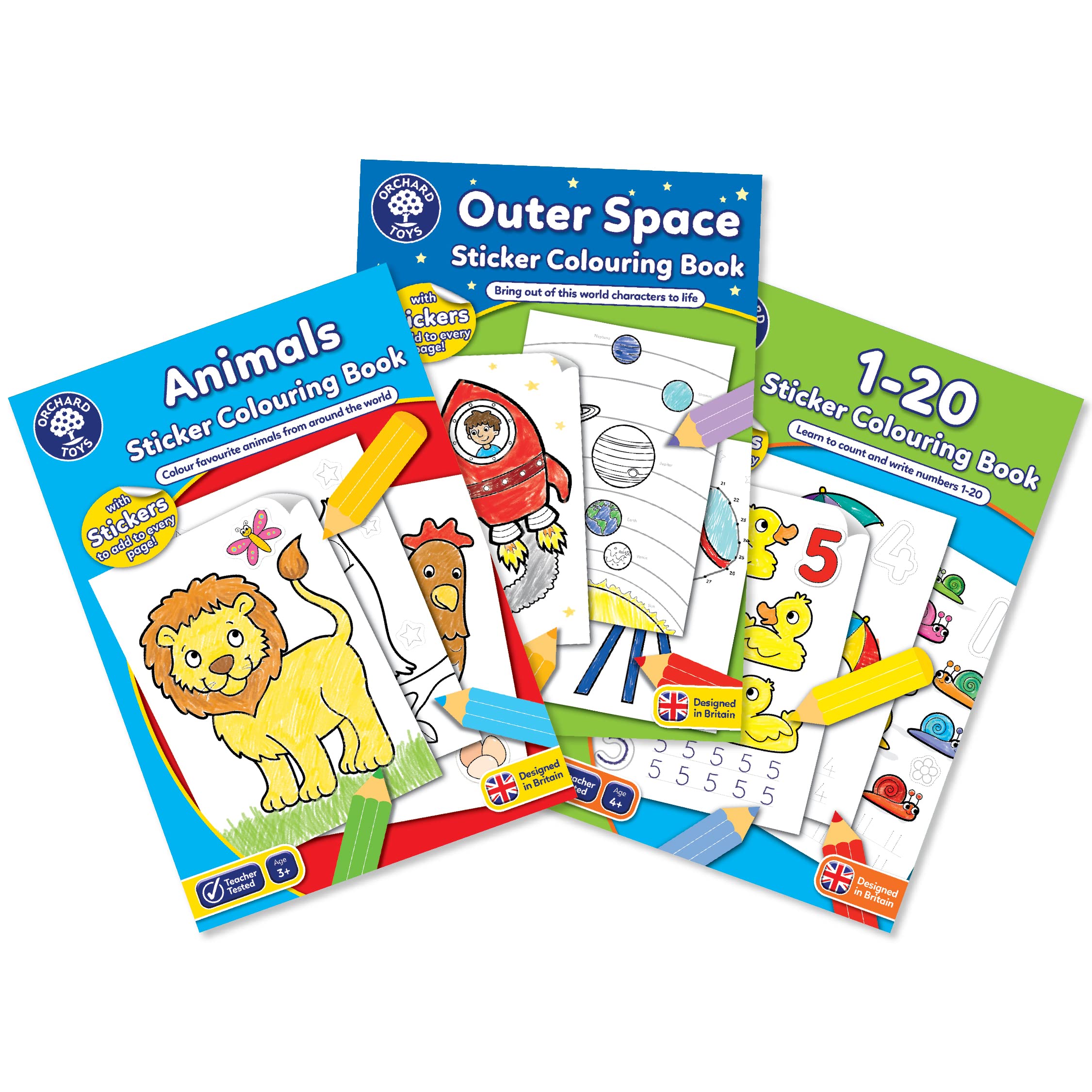 Orchard Toys Outer Space, Animals and 1 to 20 Numbers Sticker Colouring Book Engaging Educational Activity Designed for Preschoolers and Kids Aged 3 to 7 Years โ Set of 3