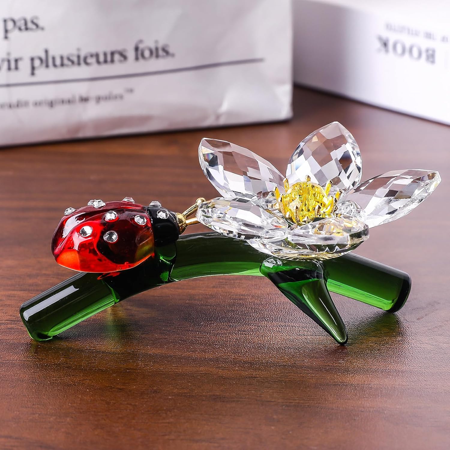 Crystal Flower Figurine with Ladybug, Red and White image 5