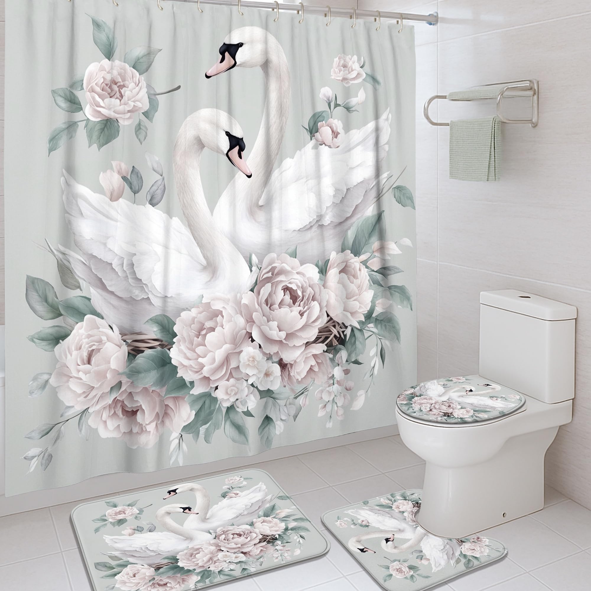 Lot de 4 rideaux de douche motif cygne avec crochets et tapis de bain gris en tissu
