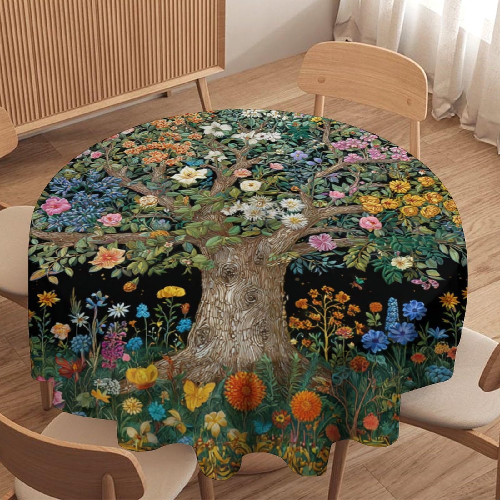 LUYYSKY Retro Rustic Tree of Life Waterproof Round Tablecloth Fantasy Watercolor Boho Botanical Trees Flowers Print Washable Table Cover for Kitchen-127 Wx127 L cm