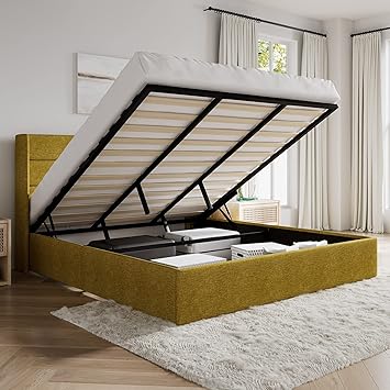 SHA CERLIN King Size Lift Up Storage Bed/Modern Wingback Headboard/Upholstered Platform Bed Frame/Hydraulic Storage/No Box Spring Needed/Wood Slats Support/Olive Yellow