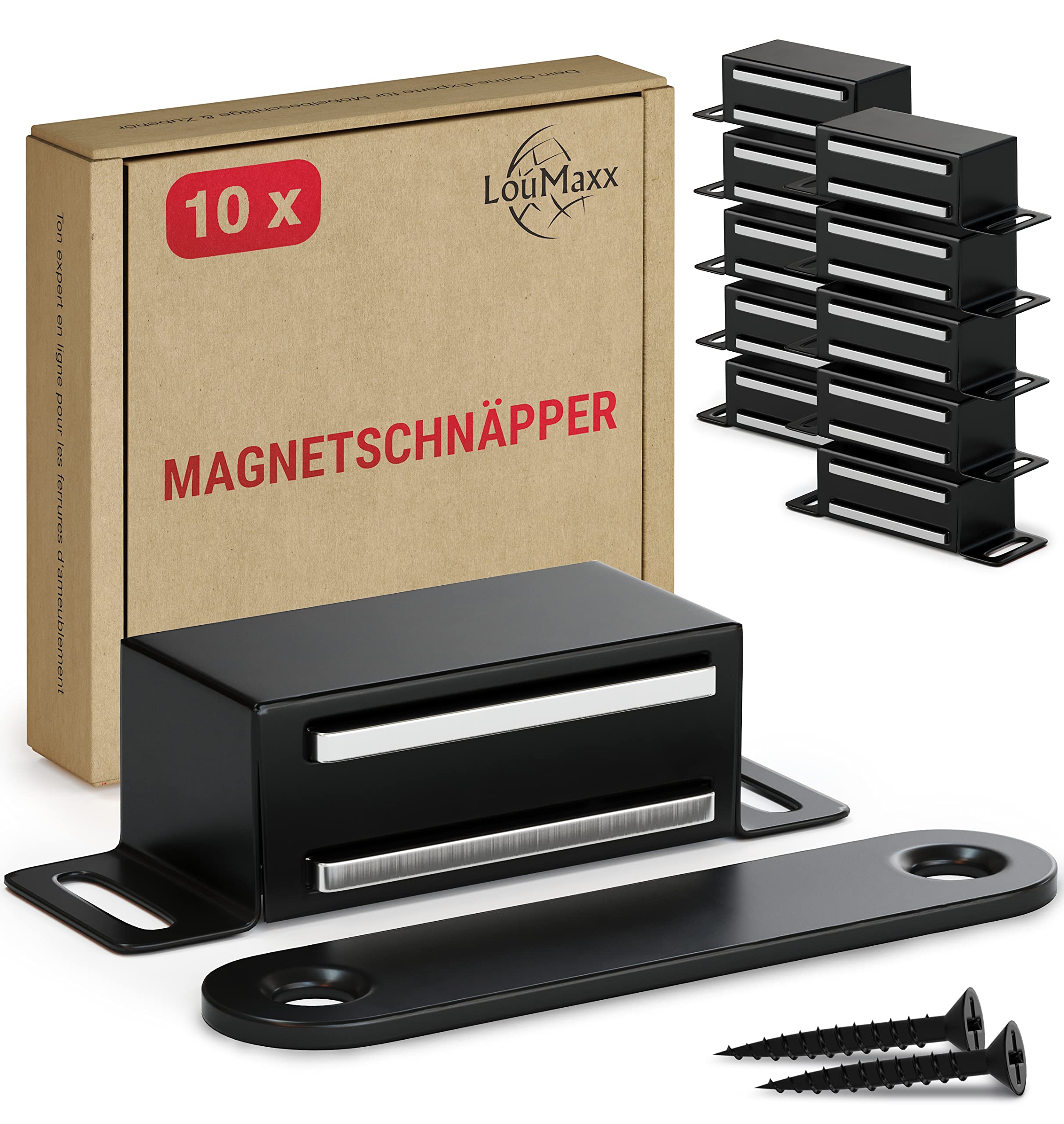 LouMaxx Magnetyczny zatrzask – udźwig 4 kg – zestaw 10 sztuk w kolorze czarnym – magnes na drzwi – magnetyczne zamknięcie na szafki i meble