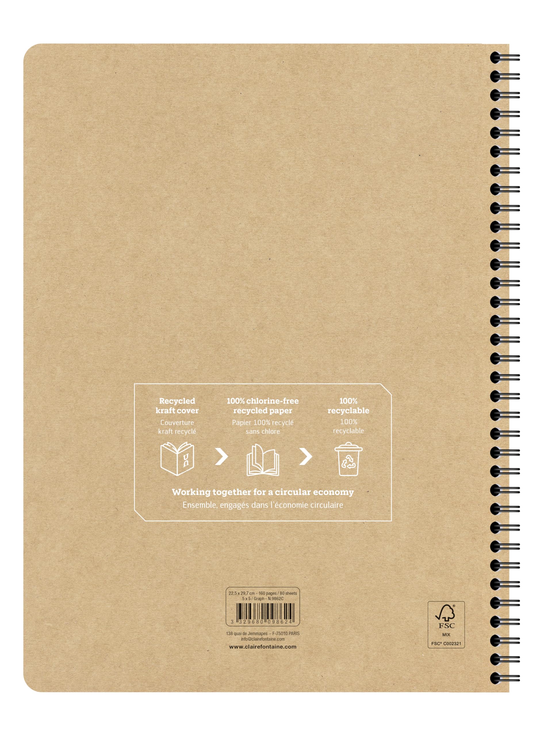 Clairefontaine 9862Cpack Lot 5 cahier spirale Uninotes recyclé A4 160p