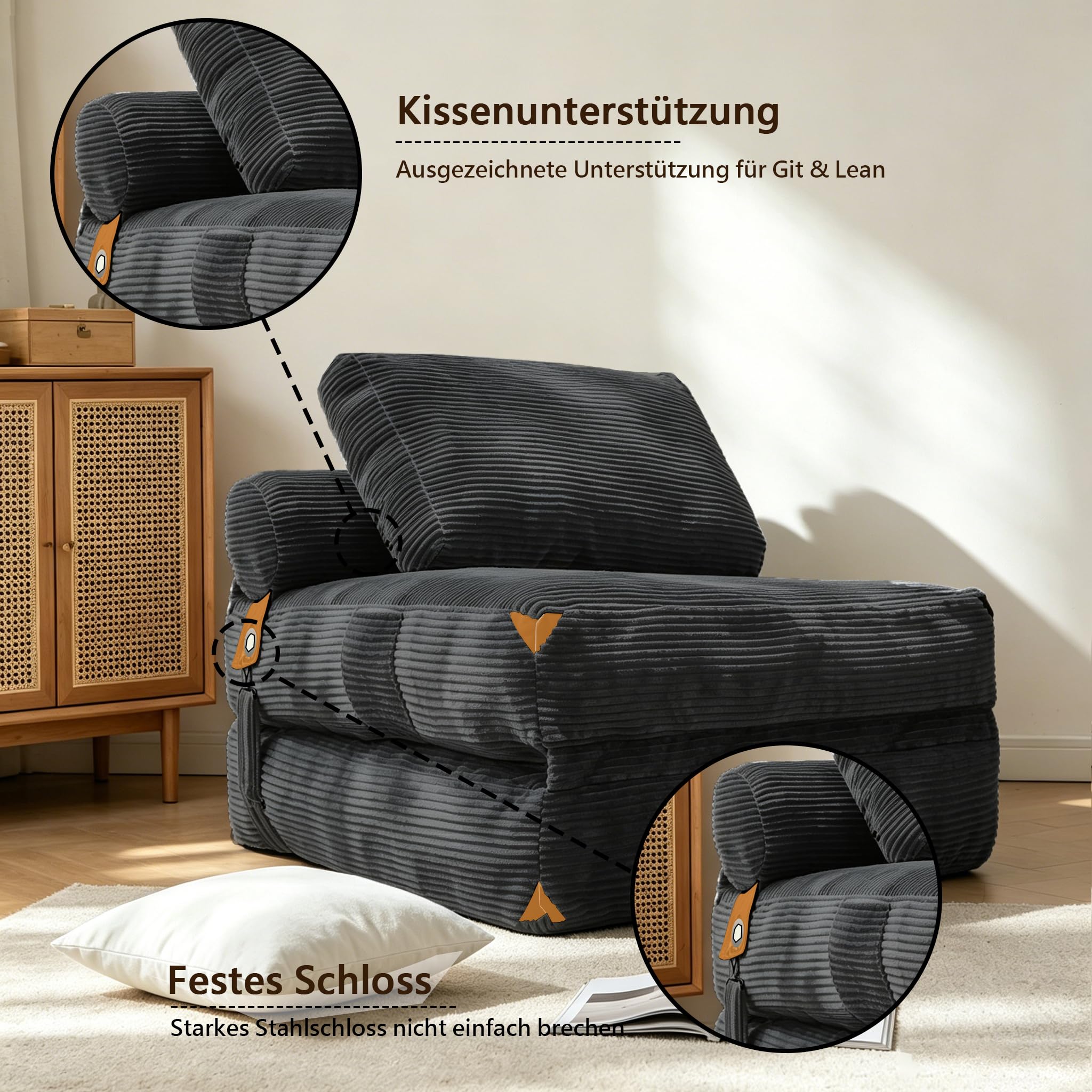 combet Klappbares Schlafsofa mit Schlaffunktion, umwandelbares Schlafsofa mit Kissen und Matratze, tragbares Bodensofa, Gästebett, Liegesessel für Wohnzimmer und Schlafzimmer,170 x 85 cm,Dunkelgrau