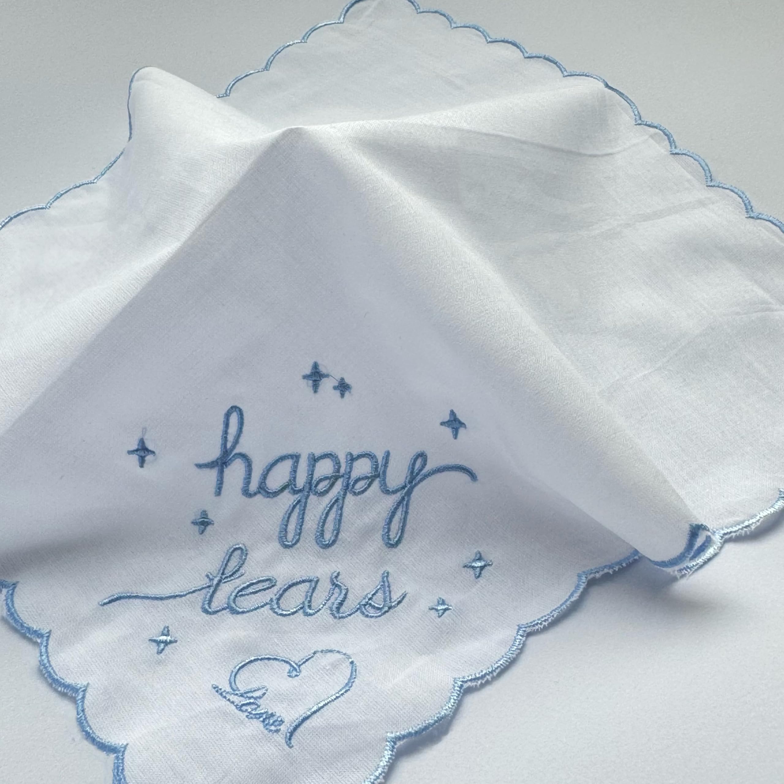 Happy Tears Handkerchief for Bride, White Embroidered Bridal Something Blue Keepsake, Mother of the Bride Gift, Bridesmaid & Wedding Party Accessory