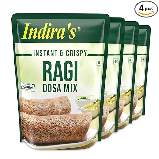 Indira's Ragi Dosa Mix, Finger Millet Dosa Instant Mix (500g x 4) 10-Minute Crispy, Tasty & Healthy Nachni Chilla Mix, Mandua Chilla, Kelvaragu Dosai, Kezhvaragu Dosai