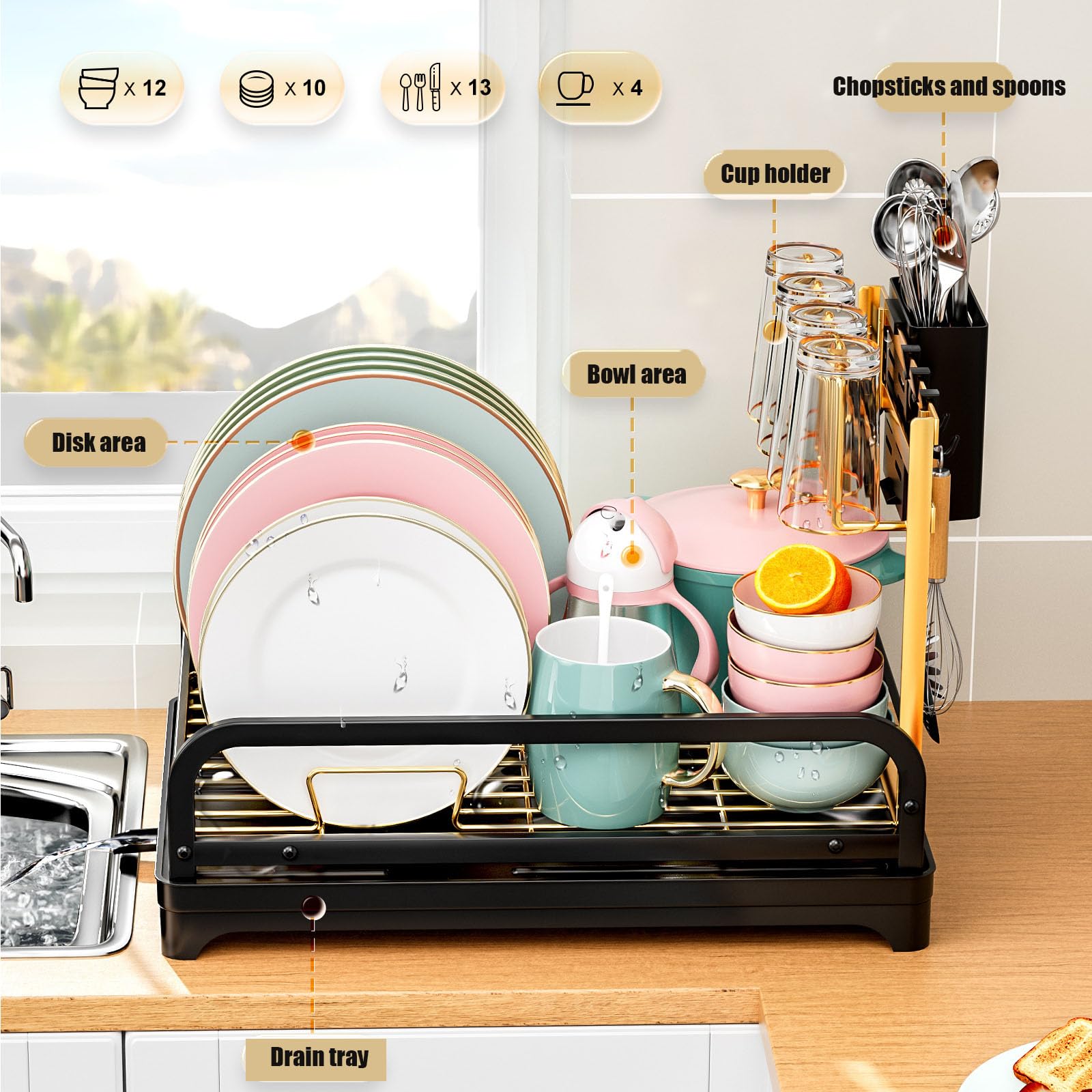 Escurridor de platos negro con tabla de drenaje, organizador de cocina que ahorra espacio, soporte para tazas y cubiertos, bandeja escurreplatos eficiente para soluciones de secado de encimera