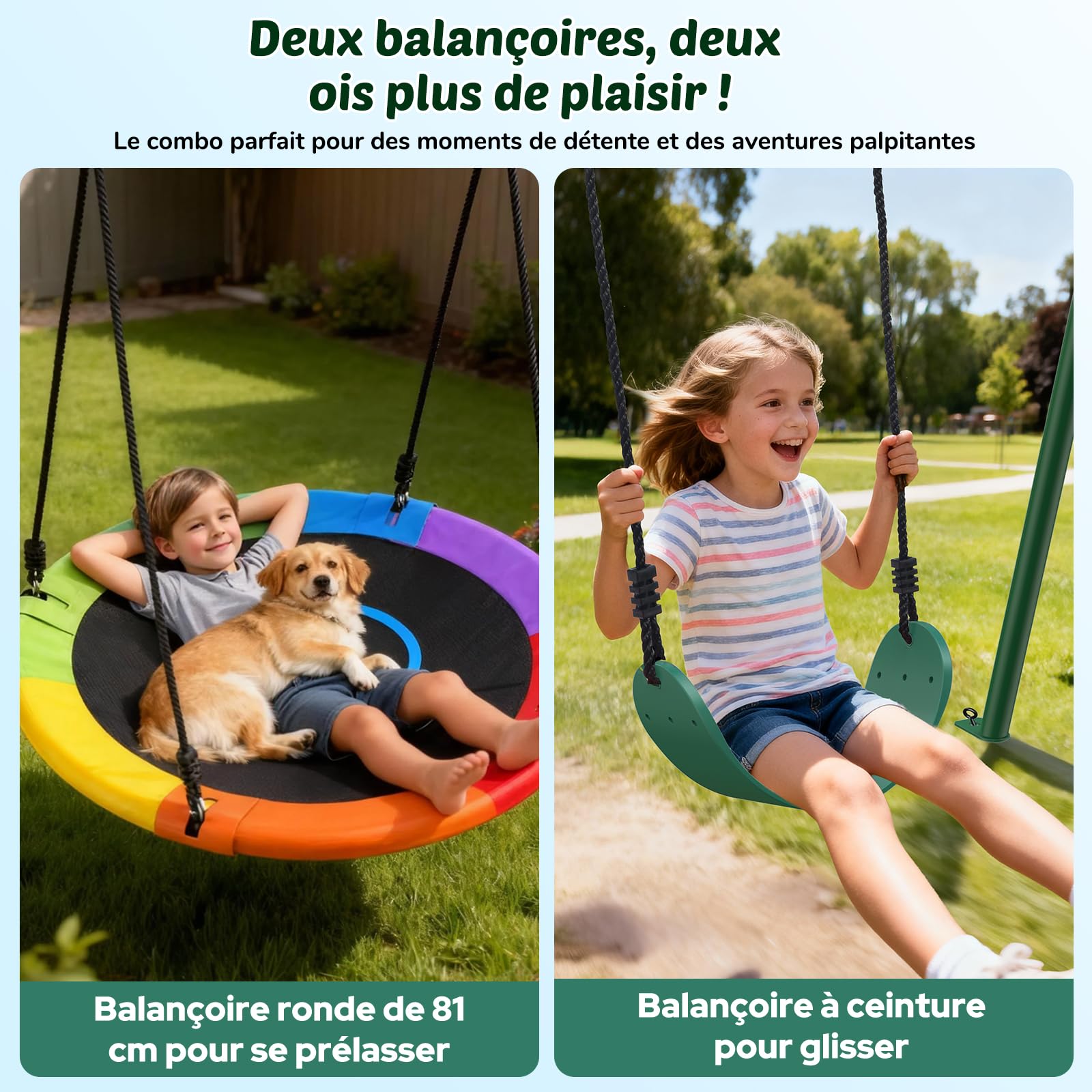 Trekassy Portique Balancoire Exterieur Enfant, capacité 200 kg avec 2 Balancoire, Cadre en Métal Robuste en A et Corde Réglable,pour Adulte et Enfant de 3 Ans+, pour Arrière-Cour Aire de Jeux