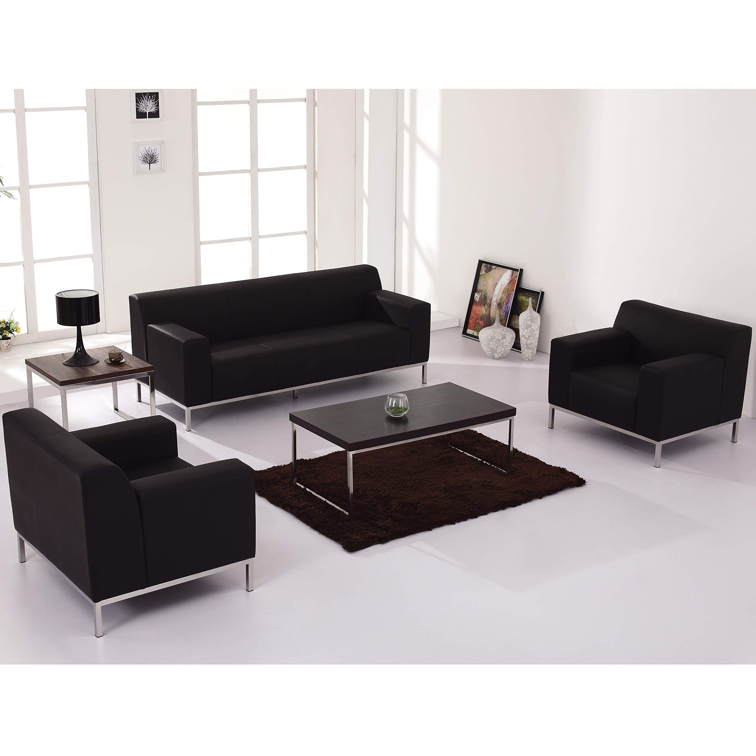 Flash Furniture HERCULES Definity Series Contemporary Black LeatherSoft Upholstered Loveseat with Stainless Steel Legs