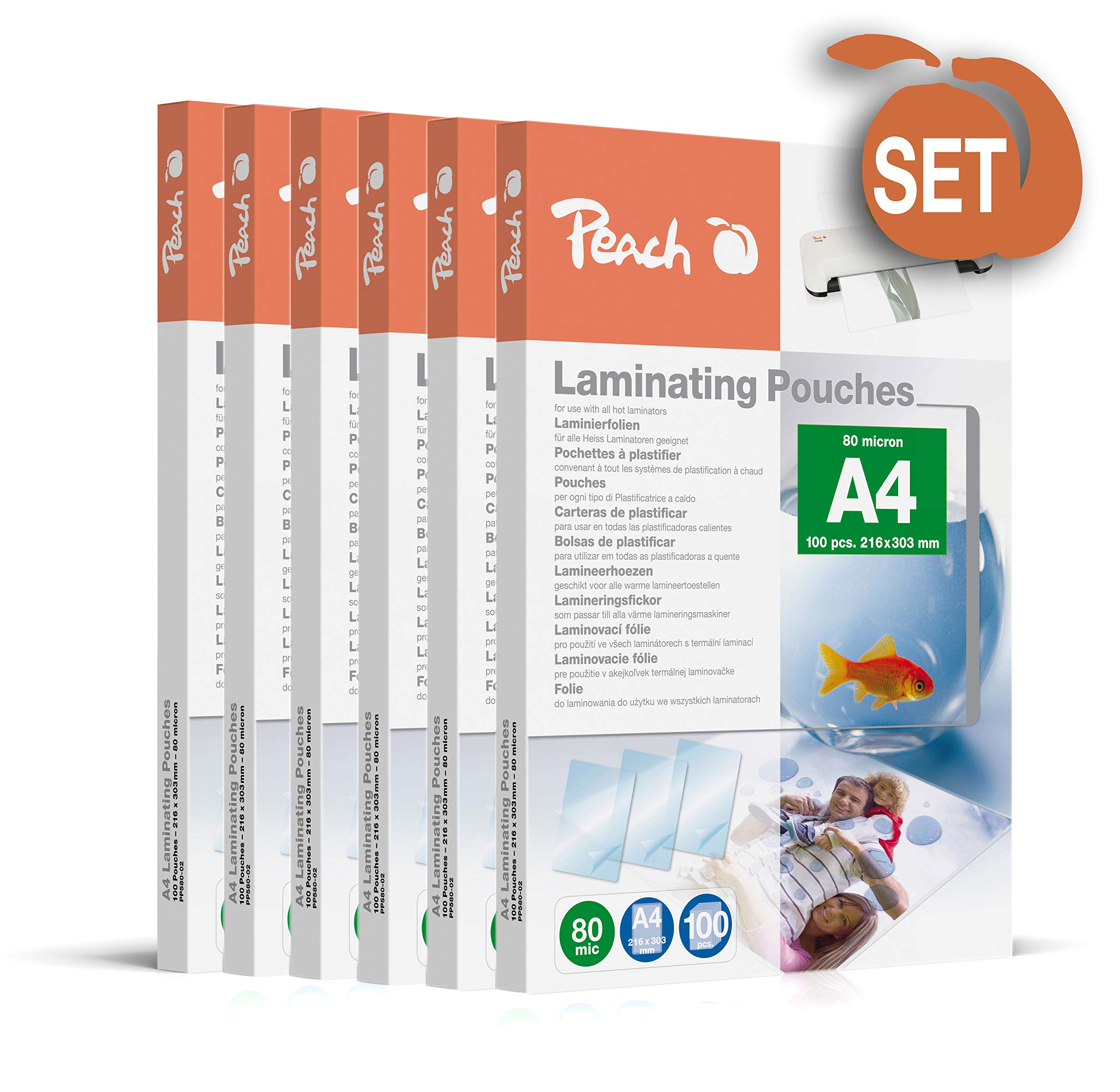 Peach Láminas para plastificar A4 – 80 micras – 600 bolsas – Calidad Premium para los mejores resultados de laminación – Compatible con todos los fabricantes de marcas – Brillante – PP580-60A