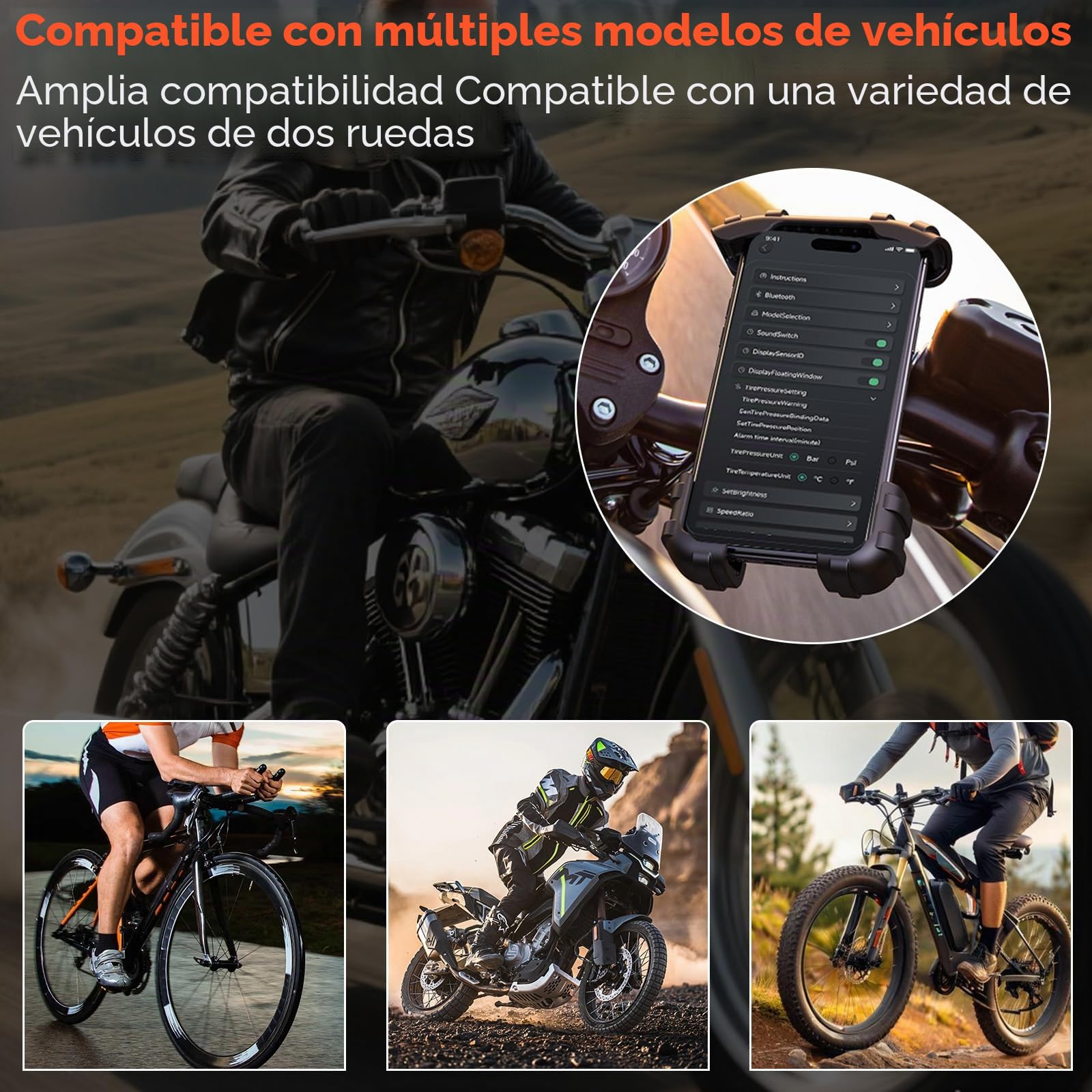 OBEST Sistema de Control de Presión de los Neumáticos con Aplicación, Bluetooth Inteligente para Motocicleta TPMS con 2 Sensores Externos, Presión de Neumáticos Inalámbrica y Detector de Temperatura