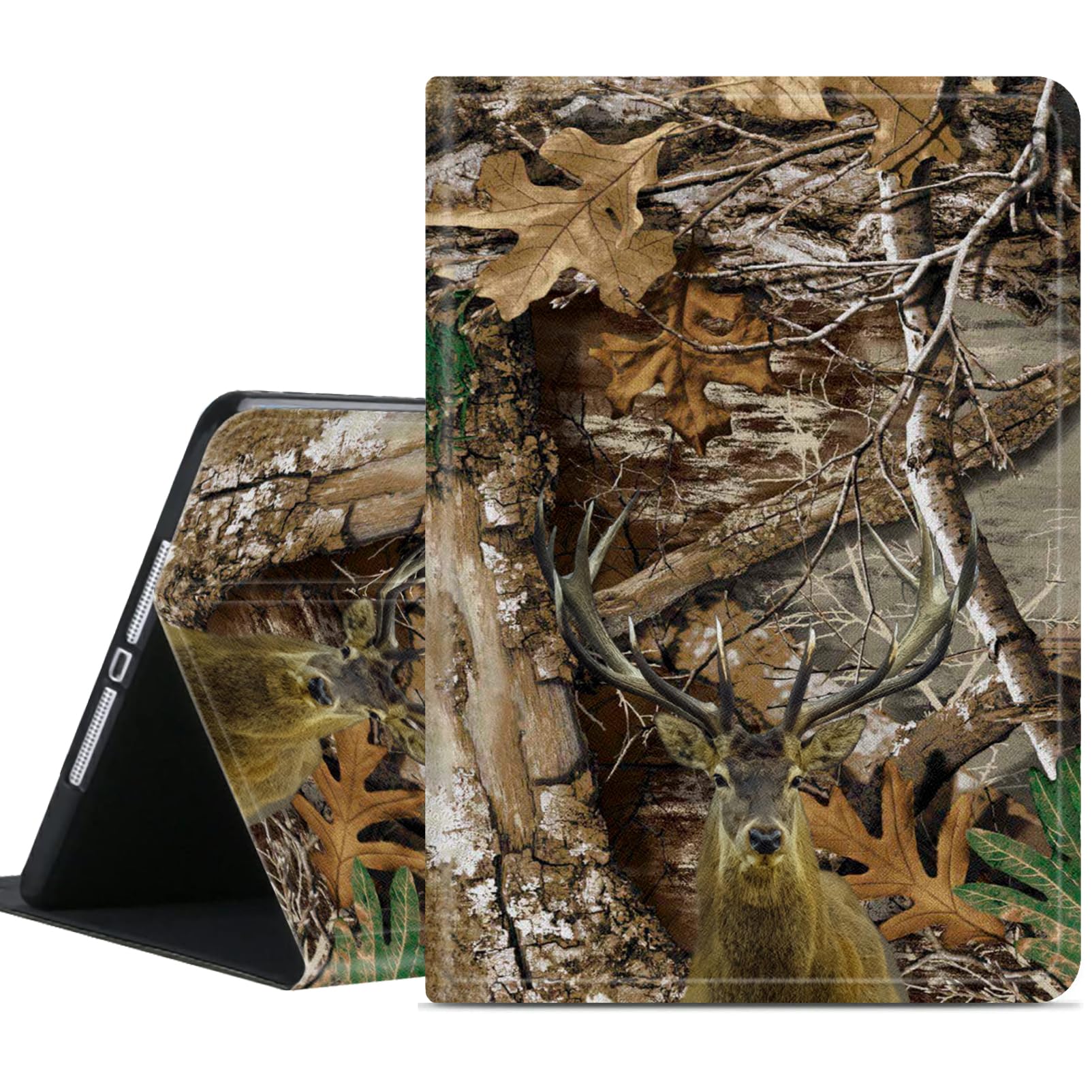 Funda con soporte para lápices, compatible con Apple iPad de 9ª, 8ª y 7ª generación de 10.2 pulgadas, funda protectora ajustable antideslizante para tableta, camuflaje de ciervo